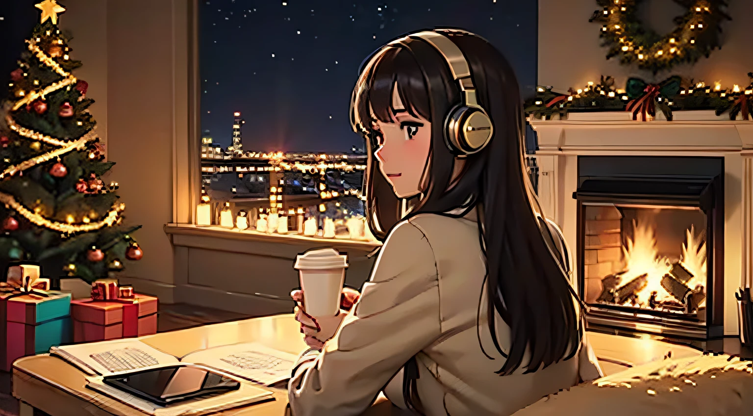 lofi brunette girl with headphones sitting on the floor with a cup of coffee in front of a christmas tree, christmas vibe, night, fireplace, cosy vibes, cozy, seasons!! : 🌸 ☀ 🍂 ❄, 😭🤮 💔, cozy aesthetic, highly christmas decorated, 🕹️ 😎 🔫 🤖, with a tree in the background, back view, ultra high quality, high details,