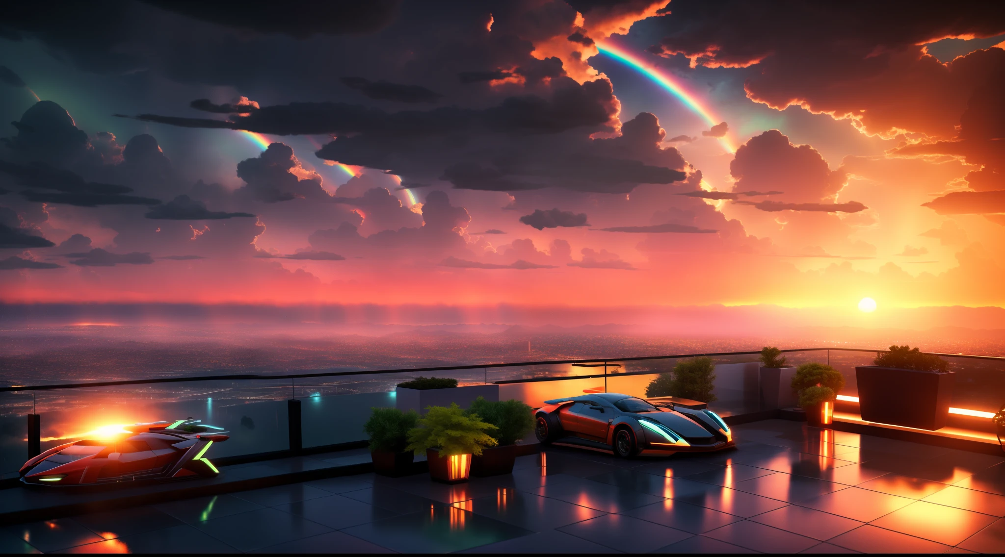 nextgen octane render of an impressive sunset in a rainy day seen from a terrace with view of the whole city, everything is futuristic, futurepunk, outside in the sky there's a colossal ufo and heavy rain with a rainbow near the sun , for a lofi music channel