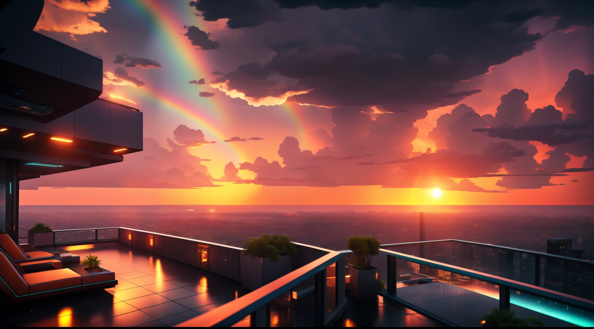 nextgen octane render of an impressive sunset in a rainy day seen from a terrace with view of the whole city, everything is futuristic, futurepunk, outside in the sky there's a colossal ufo and heavy rain with a rainbow near the sun , for a lofi music channel