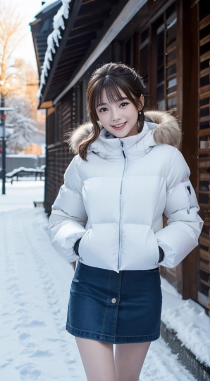 Best quality at best, 4K, 8K, Detailed faces,Full body photo，placed in a，Clear face, beuaty girl, Korean makeup, Redlip, Smilingly, perfect body figure,shoulder-length short hair,small,legs long,Slim,thin, Girl wearing long and wide fur coat, There  a top tube and a hood underneath the jacket, lower abdom, snow landscape, Winters, the street,