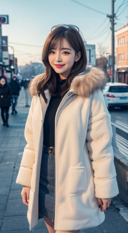 Best quality at best, 4K, 8K, Detailed faces,Full body photo，placed in a，Clear face, beuaty girl, Korean makeup, Redlip, Smilingly, perfect body figure,shoulder-length short hair,small,legs long,Slim,thin, Girl wearing long and wide fur coat, There  a top tube and a hood underneath the jacket, lower abdom, snow landscape, Winters, the street,