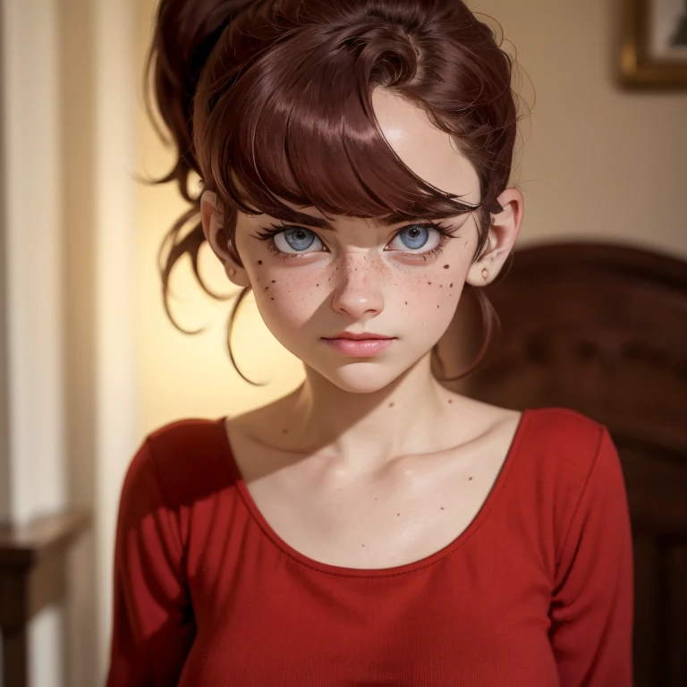 (obra maestra: 1.3), (8k, fotorrealista, foto RAW, mejor calidad: 1.4), (1girl), Hermosa chica adolescente , chica europea , 15 years , brown light hair ,cabello largo: 1.pony tail, ojos azules , hermosos ojos detallados, (piel realista), piel hermosa , pecas en mejillas y nariz , ultra-high-resolution, detallado, cuerpo delgado , wears red christmas dress , vestido de Santa Claus