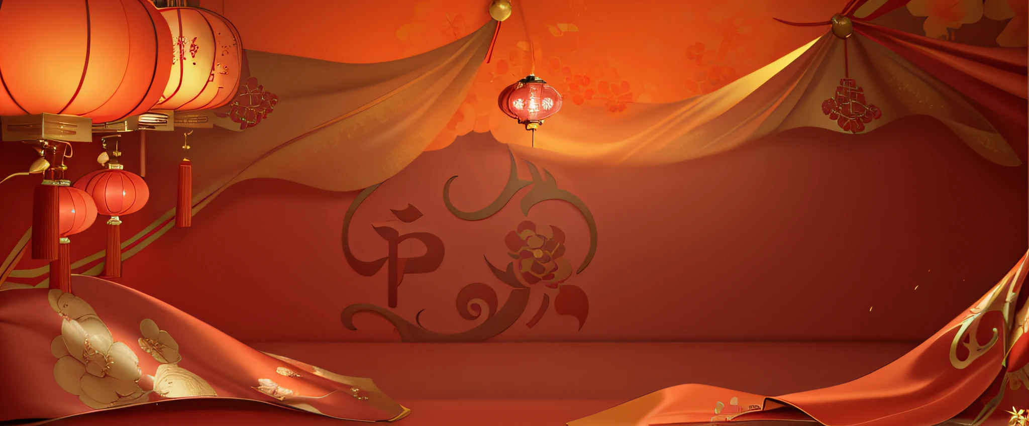 There  a Chinese New Year background picture, solid color backdrop, Background image, background artwork, game background,  fundo vermelho, solid color backdrop, dance hall background, wallpaper background, HDbackground, clean backdrop, vivid background, scarlet background, arte de fundo, poster background,  Background with, wallpaper - 1 0 2 4，loong pattern，Lantern with exquisite details，satin details，The two lanterns in the upper left corner gradually blur，The satin underneath  rich in detail.....，The satin above  flowing，Add a string of firecrackers in the upper right corner，Beautiful pictures with beautiful details，Increase the intensity of orange，Perfect in details，The satin top  delicate，Create a feeling of wind，Add a string of firecrackers in the upper right corner，This word &cite;it was&cite;  scattered in the middle