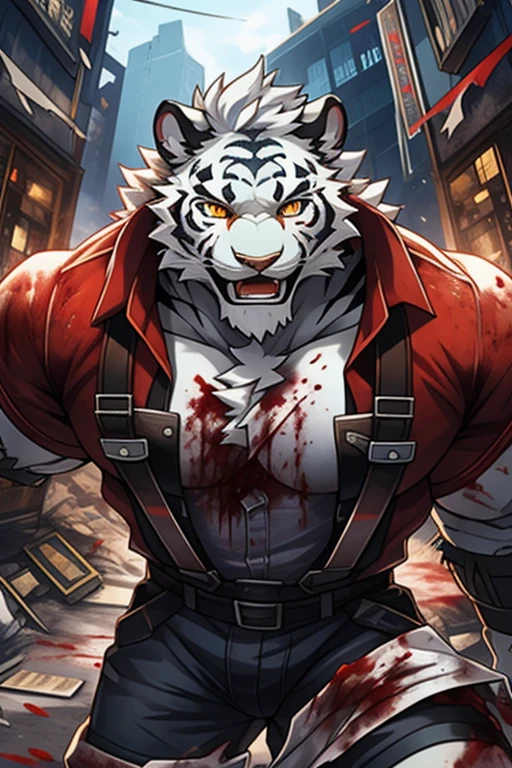 Bodybuilder white tiger and polar bear, terroral，blood vess，rampage，zombie，Blood on the body，The corners of his mouth were stained with blood，solo person，White body，White ears，White hair，White fur，Overall white，Orange-yellow eyes，tiger tai，young，Wear a short-sleeved shirt，Ultra-clear screen，Soft lines