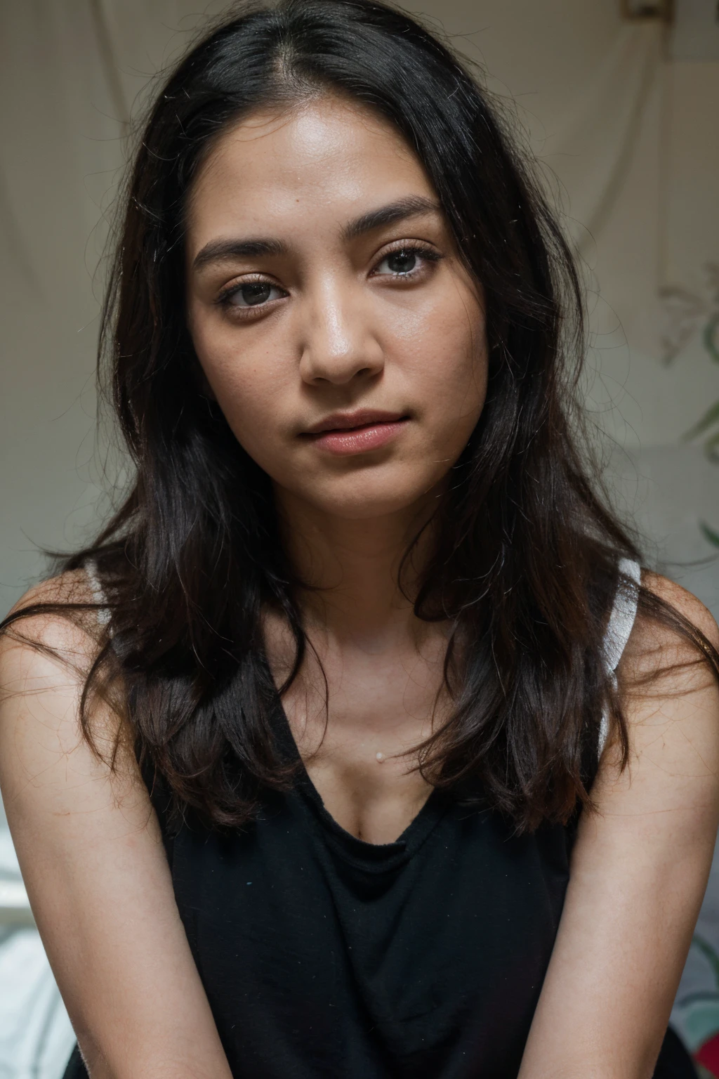 1girls, portrait, Black Hair,, (10, RAW photo, bestquality, masterpiece:1.2), (ultra-detail), (best illustration), (best shadows), ultra-high resolution, (Perfect Eyes, Symmetrical eyes:1.2), Absurd, highres, 10, ray tracing,Turn sideways.,Japanese and Indian ingredients,slight smile,Look at the camera.