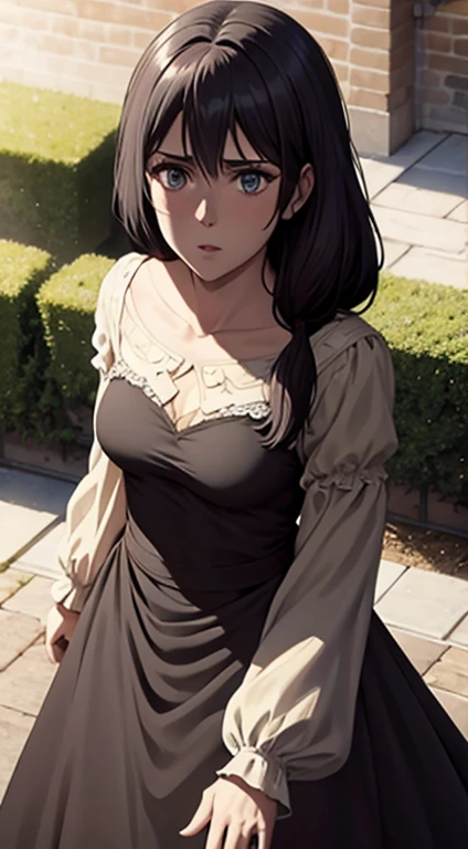 Long black hair,black coloured princess dress, standing,blue colour eyes,ultra realistic detailed blue eyes, beautiful and perfect face, sunlight and garden background, Violet Evergarden's hairstyle, black hair