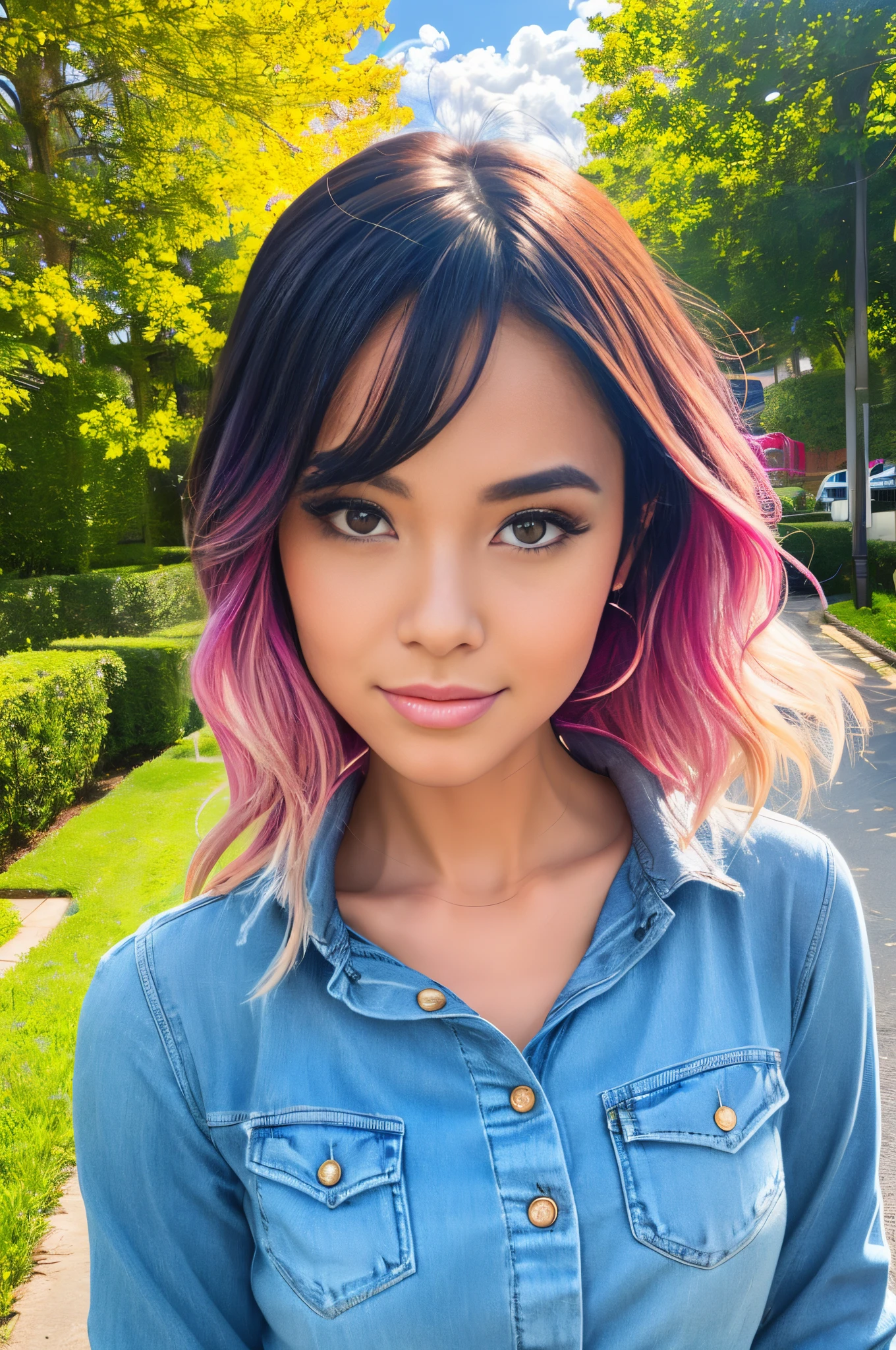 masterpiece, best quality, spring outfit, colorful hair,  outdoor,cloud ,upper body,1girl