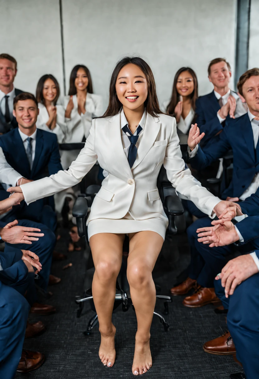 Portrait Photo a portrait, hyperdetailed full body photography, los angeles, brunette haired naked 18 year old college student young athletic asian girl shaking her ass with thick thighs and boobs sitting with her hands in the air with 10 white men (in business suits standing around her)