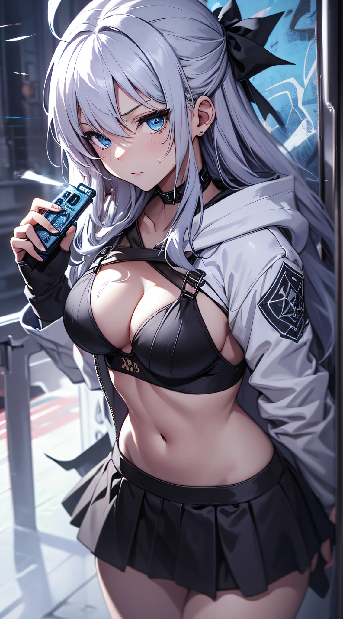 top-quality、Top image quality、masterpiece、teens girl((Black underwear、White hoodie with open chest、Black skirt、18year old、 Ager、Best Bust、big bast,Beautiful light blue eyes, Long silver hair、A slender,Large valleys、Reflecting the whole body、Leaning forward、Hold Sword、Wearing a hood、worried face、tension、、Sweating、take a cautious stance、Cuts on the face、I have a stun gun、blue dragon tattoo on face)),hiquality、Beautiful Art、Background with((snow blowing、Ruins、survival、draw graffiti on the wall、natta))masterpiece、depth of fields,