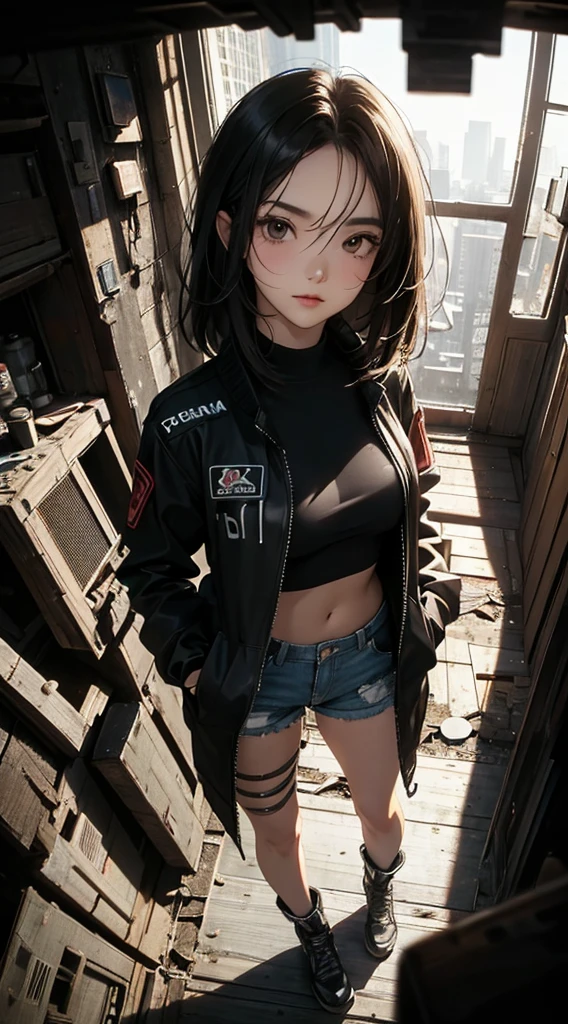 ((8k wallpaper of extremely detailed CG unit, ​masterpiece, hight resolution, top-quality)), (Beautuful Women, Hands in pockets:1.5, Grunge Fashion, Wearing a blouson:1.2, Wearing micro mini shorts:1.2, Wearing shoes:1.1), ((extra detailed face, Highly detailed black eyes, extra detailed body, Top quality real texture skins)), (A dark-haired, hair messy, de pele branca, Exposed belly), (Apocalypse, A devastated worldview, Inside an abandoned building), (high-angle:1.2, Fisheye:1.3), hyper realisitic, digitial painting,