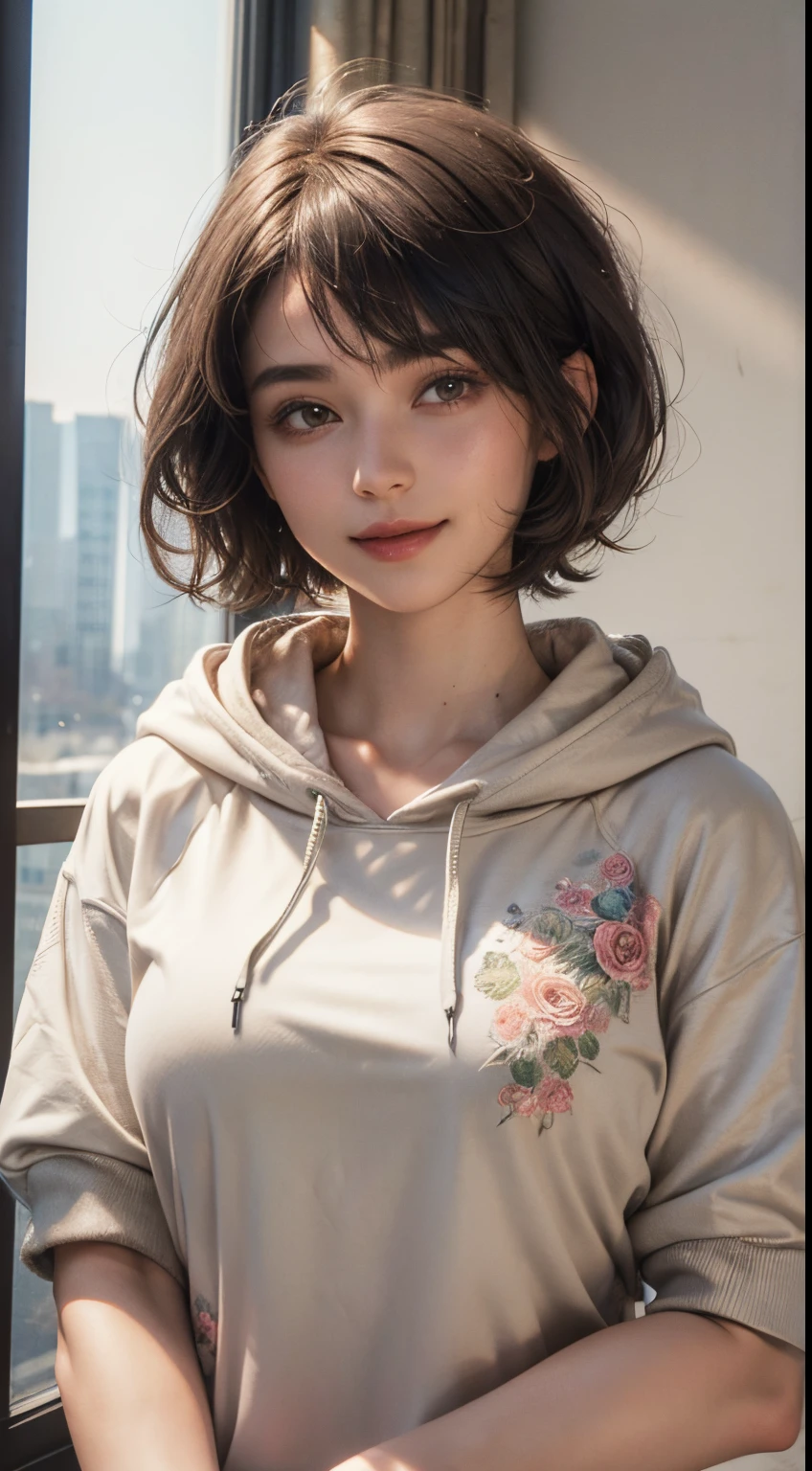 132
(a 20 yo woman,Wearing sportswear), (A hyper-realistic), (high-level image quality), ((beautiful hairstyle 46)), ((short-hair:1.46)), (Gentle smile), (breasted:1.46), (lipsticks), (Large room), (florals), (wearing hoodies)