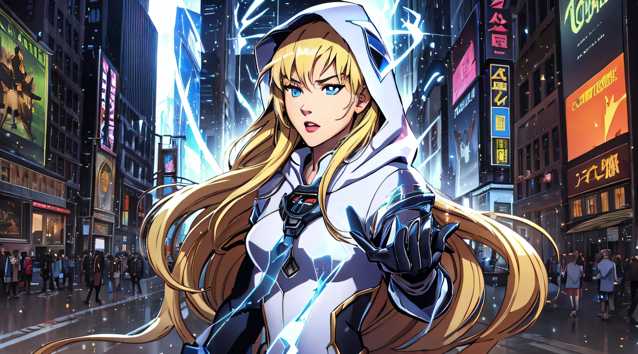 top-quality、Top image quality、masterpiece、teens girl((、White hoodie with open chest、Black skirt、18year old、 Ager、Best Bust、big bast,Beautiful light blue eyes, Blonde long、A slender,Large valleys、Reflecting the whole body、three point landing、Alert、Blue flame aura on fist)),hiquality、Beautiful Art、Background with((Streets of New York))masterpiece、depth of fields,