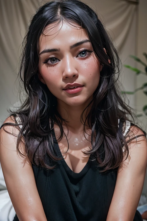 There was a woman sitting on the bed with a remote in her hand., portrait sophie mudd, Young woman in her 20s, a young asian woman, Medium vertical soft light, Portrait with tight face, Photos of young women, Vertical 50mm., The girl's face, Girl with long dark hair, She turns to face the camera.