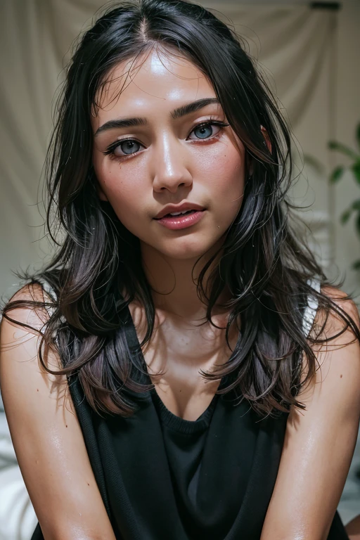 There was a woman sitting on the bed with a remote in her hand., portrait sophie mudd, Young woman in her 20s, a young asian woman, Medium vertical soft light, Portrait with tight face, Photos of young women, Vertical 50mm., The girl's face, Girl with long dark hair, She turns to face the camera.