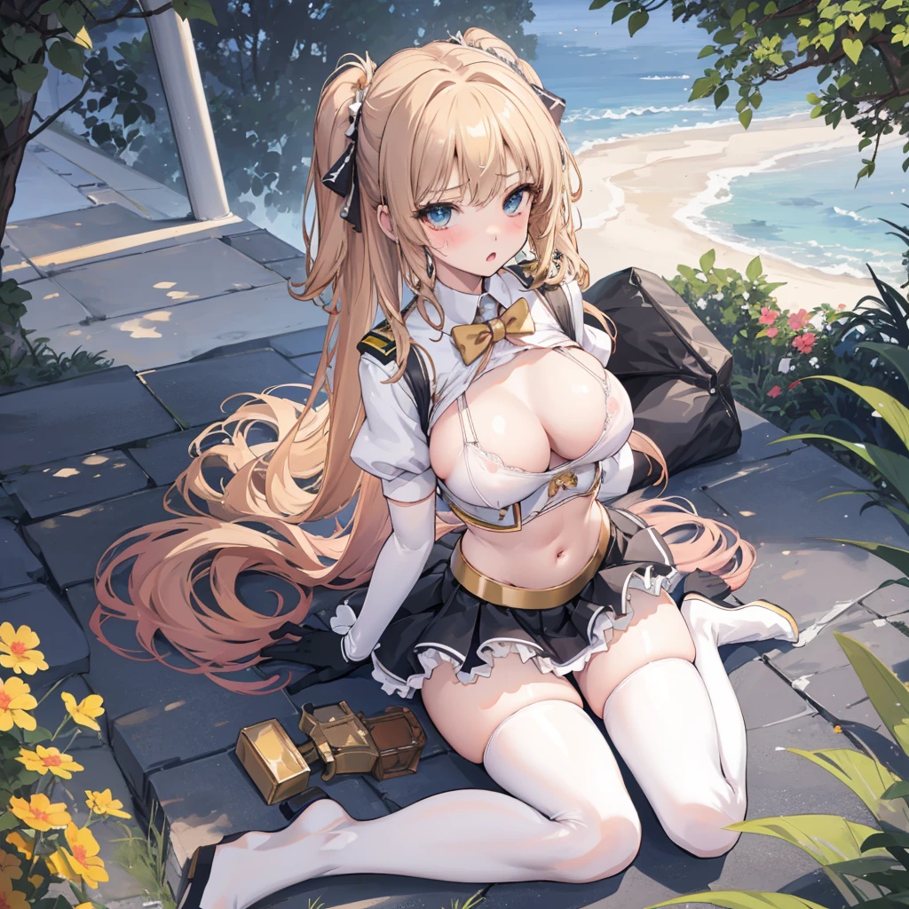 perfect anatomy, (1 girl, fluttering skirt, skirt lift, self lift, white underwear, camel toe:1.1), Big breast, worried, :o, sweetlip, black outfit, navel, white thighhighs, gloves, (wariza, sitting, look down viewer:1.1), wide shot, group photo, first person view, scenery