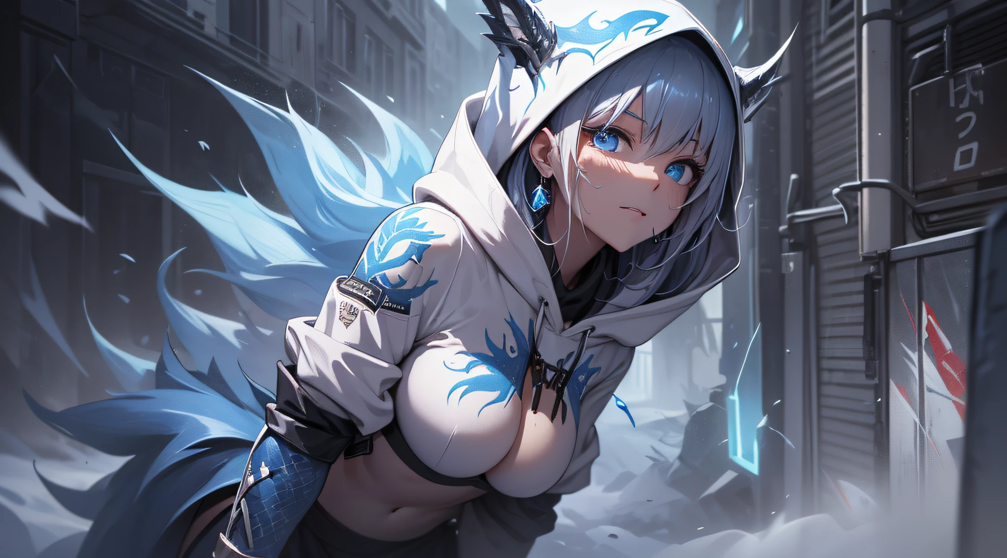 top-quality、Top image quality、masterpiece、teens girl((Black underwear、White hoodie with open chest、Black skirt、18year old、 Ager、Best Bust、big bast,Beautiful light blue eyes, Long silver hair、A slender,Large valleys、Reflecting the whole body、Leaning forward、Hold Sword、Wearing a hood、A slight smil、tension、、Sweating、take a cautious stance、Cuts on the face、I have a stun gun、blue dragon tattoo on face)),hiquality、Beautiful Art、Background with((snow blowing、Ruins、survival、draw graffiti on the wall、natta))masterpiece、depth of fields,
