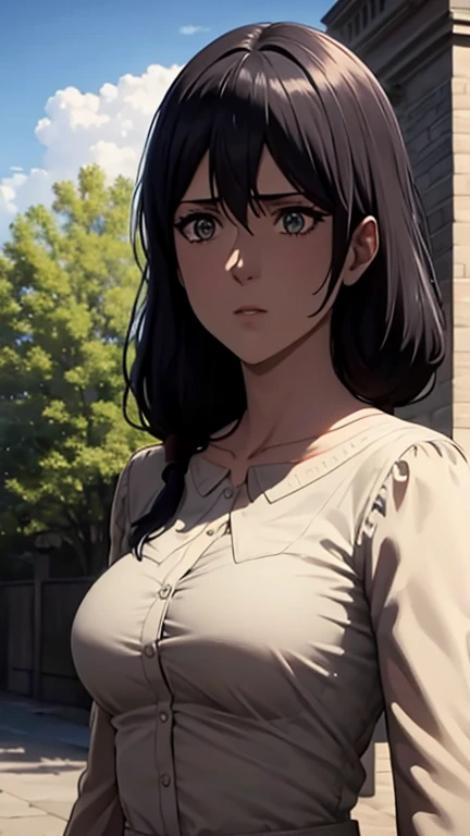 Long black hair,black colour suit and black shirt, perfect sized boobs, standing,blue colour eyes,ultra realistic detailed blue eyes, beautiful and perfect face, sunlight and garden background, Violet Evergarden's hairstyle, black hair