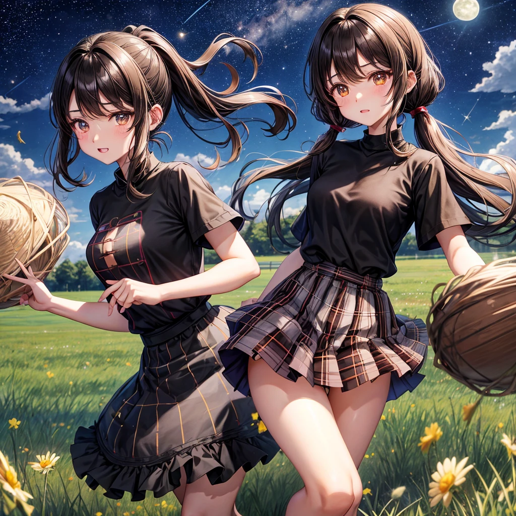 Black brown hair、poneyTail、verd s eyes、one good looking girl、独奏、animesque、lightly dressed、Plaid miniskirt、a black T-shirt、grass field、are flying、fullmoon、Meteor swarm、Glittering starry sky、are flying、Drumming