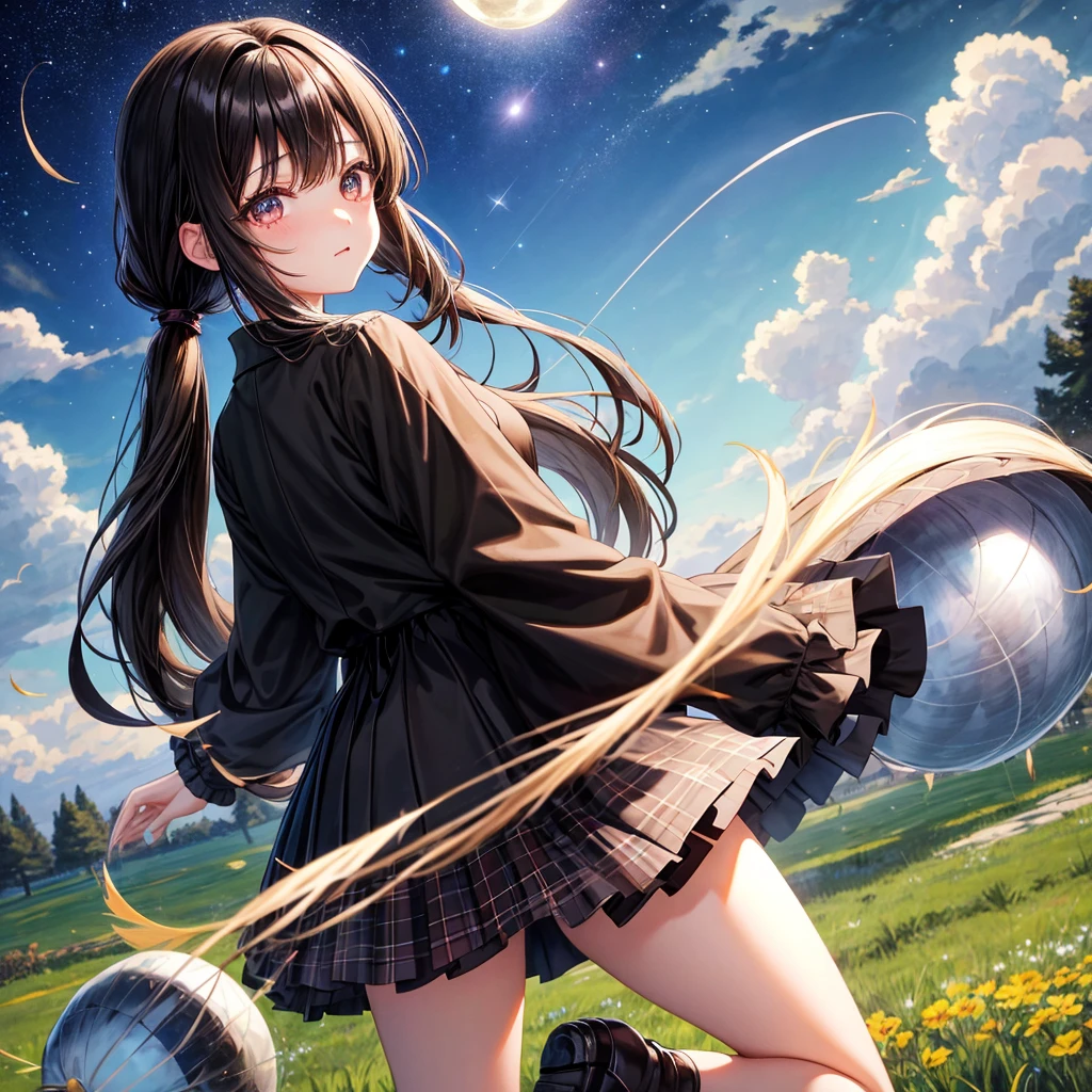 Black brown hair、poneyTail、verd s eyes、one good looking girl、独奏、animesque、lightly dressed、Plaid miniskirt、a black T-shirt、grass field、are flying、fullmoon、Meteor swarm、Glittering starry sky、are flying、Drumming