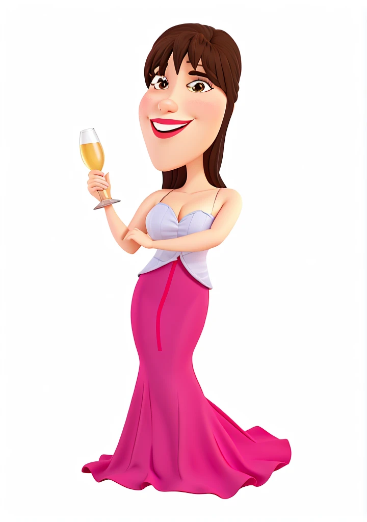cartoon woman in a pink dress holding a glass of wine, she holds a glass of wine, usando um vestido de noite, senhora semi-virada em vestido de noite, estilo caricatura, in cartoon style, figura feminina no maxi vestido, arte digital de um elegante, caricature illustration, beber champanhe, Colorido digitalmente, Cartoon style illustration, Cartom Illustration, charicatura, tom