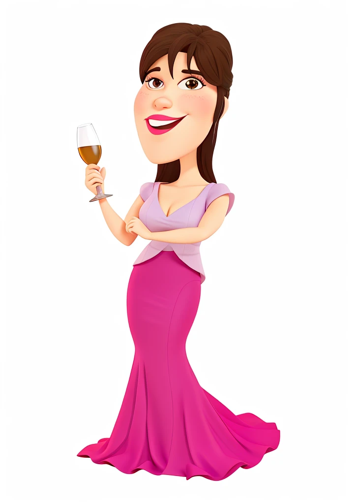 cartoon woman in a pink dress holding a glass of wine, she holds a glass of wine, usando um vestido de noite, senhora semi-virada em vestido de noite, estilo caricatura, in cartoon style, figura feminina no maxi vestido, arte digital de um elegante, caricature illustration, beber champanhe, Colorido digitalmente, Cartoon style illustration, Cartom Illustration, charicatura, tom