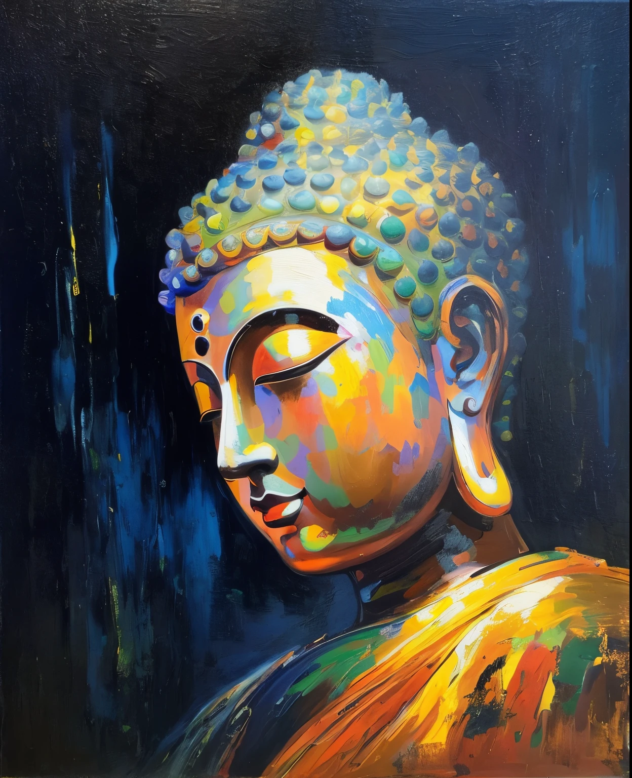 Colorful face black background buddha painting, a Buddhist Buddha, with a calm expression, fo, oil on the canvas, oil painted, oil on the canvas, calm expression, Superb oil on canvas, a masterpiece of art, Intricate oil painting, oil on the canvas, enlighted, oil painted, oil painted,