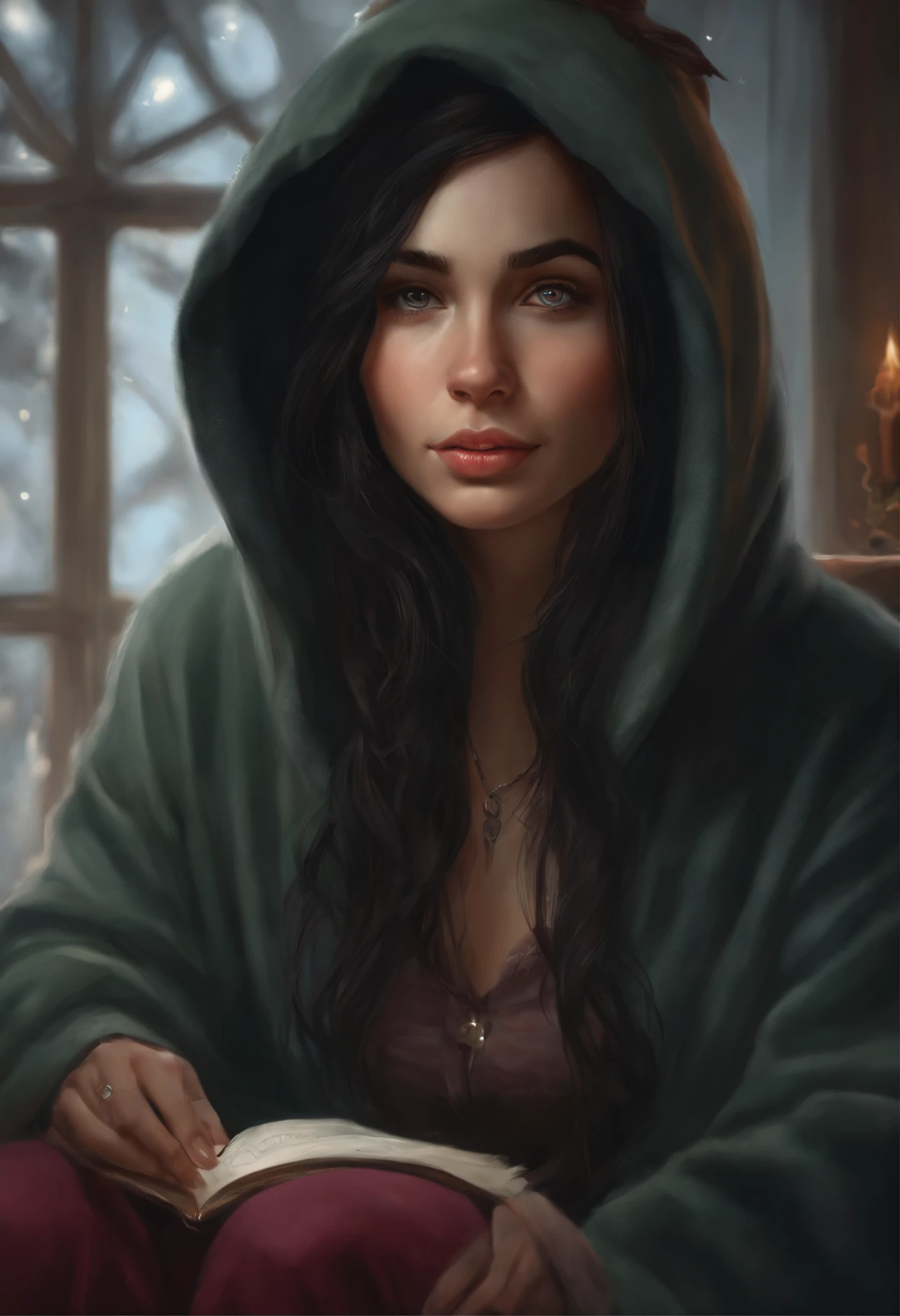 realistic art style,   in the art style of bowater, 8K Artgerm Bokeh, Christmas morning, a painting, Fantastic tale, Christmas style, John Tolkien style, Small painting by Jean-Baptiste Monge ,   Photo of a rocker with a hood on her head,  ( straight hair) Straight black hair sticks out from the hood.., sitting in front of the Christmas tree,  Portrait of a rocker girl with black straight hair ( straight hair) sticking out from under the hood, soft, slightly plump facial features,  With light makeup,  dark pink lips,  lip shape"pearlescent" ,"curved eyebrows in the shape of Engriberts, Cyan eyes,  heavy-lidded eye shape,   Rocker Girl, sitting on a large soft chair cross-legged, Wears black leggings,  Wear a hoodie,  Human Hand, Very clear without flaws with five fingers, mischievous character, fireplace, Christmas tree, Gifts, artwork in the style of guweiz, detailed character portrait, extremely detailed artgerm, artgerm and atey ghailan, charlie bowater art style, Jean-Baptiste Monge, anthropomorphic --ar 2:3 --testp -optimistic;  straight hair