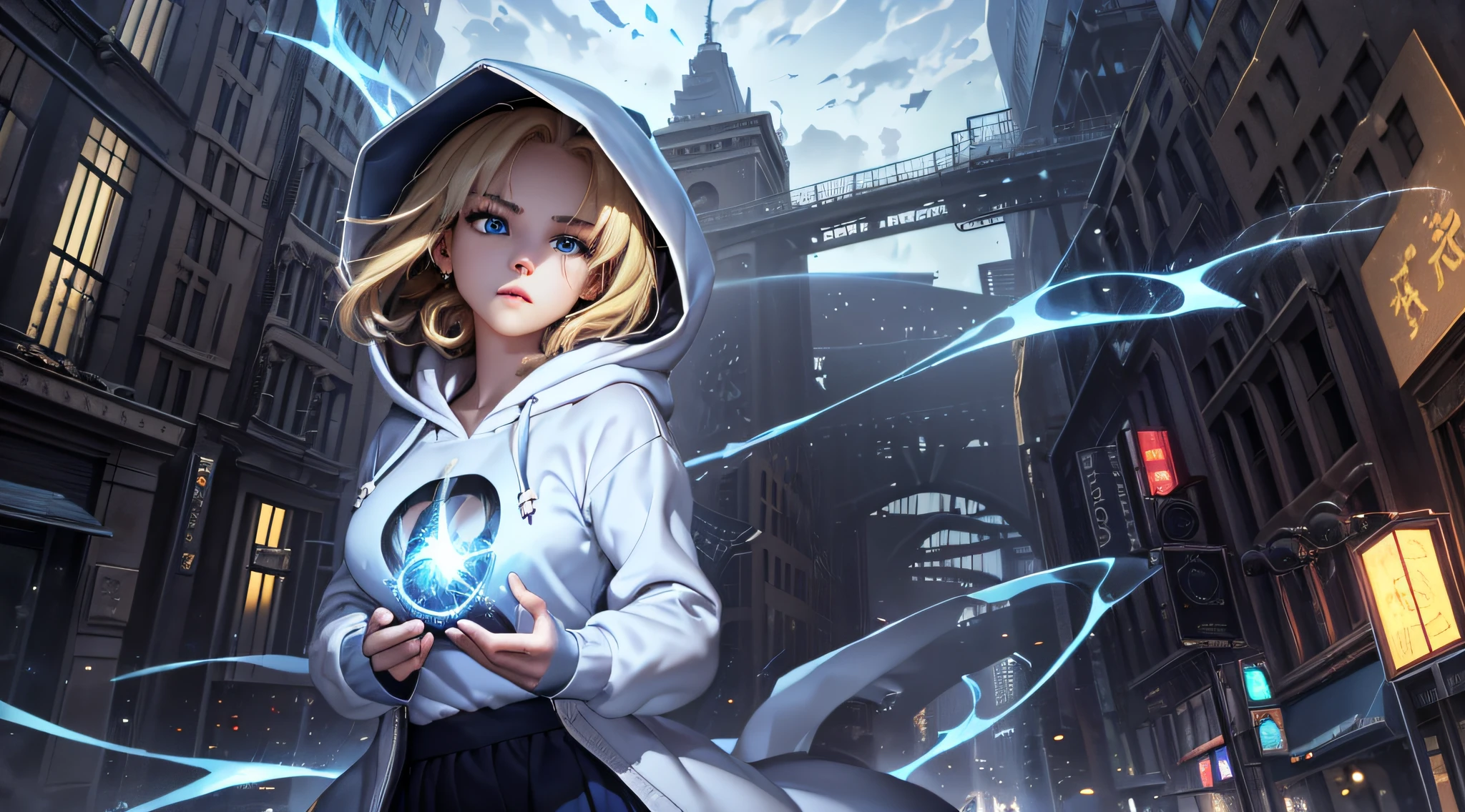 top-quality、Top image quality、masterpiece、teens girl((a baby face、White hoodie with open chest、Black skirt、18year old、 Ager、Best Bust、big bast,Beautiful light blue eyes, Blonde long、A slender,Large valleys、Reflecting the whole body、three point landing、Alert、Blue flame aura on fist)),hiquality、Beautiful Art、Background with((Streets of New York))masterpiece、depth of fields,