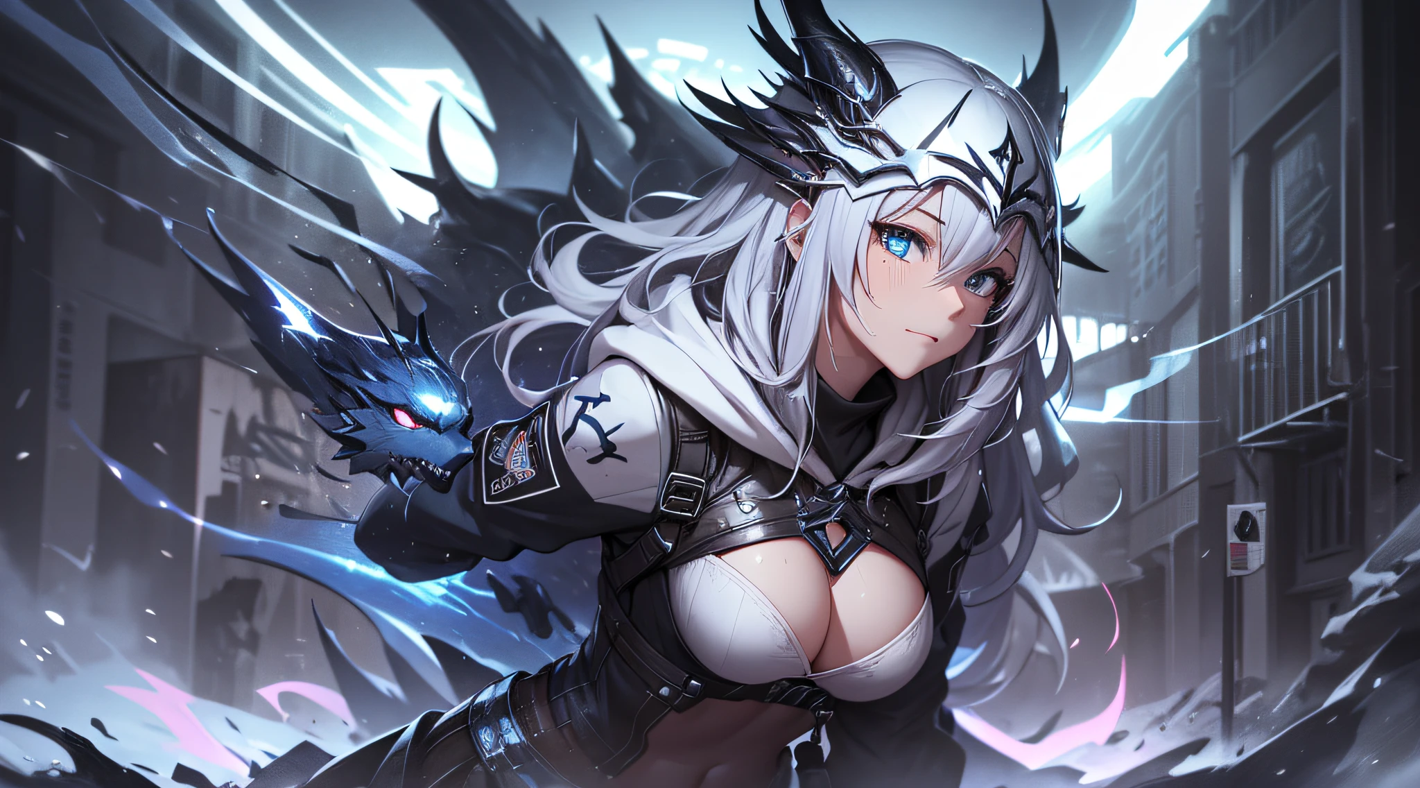 top-quality、Top image quality、masterpiece、teens girl((Black underwear、White hoodie with open chest、Black skirt、18year old、 Ager、Best Bust、big bast,Beautiful light blue eyes, Long silver hair、A slender,Large valleys、Reflecting the whole body、Leaning forward、Hold Sword、Wearing a hood、A slight smil、tension、、Sweating、take a cautious stance、Cuts on the face、have a stun gun、blue dragon tattoo on face、fighting poses)),hiquality、Beautiful Art、Background with((snow blowing、Ruins、survival、draw graffiti on the wall、natta))masterpiece、depth of fields,