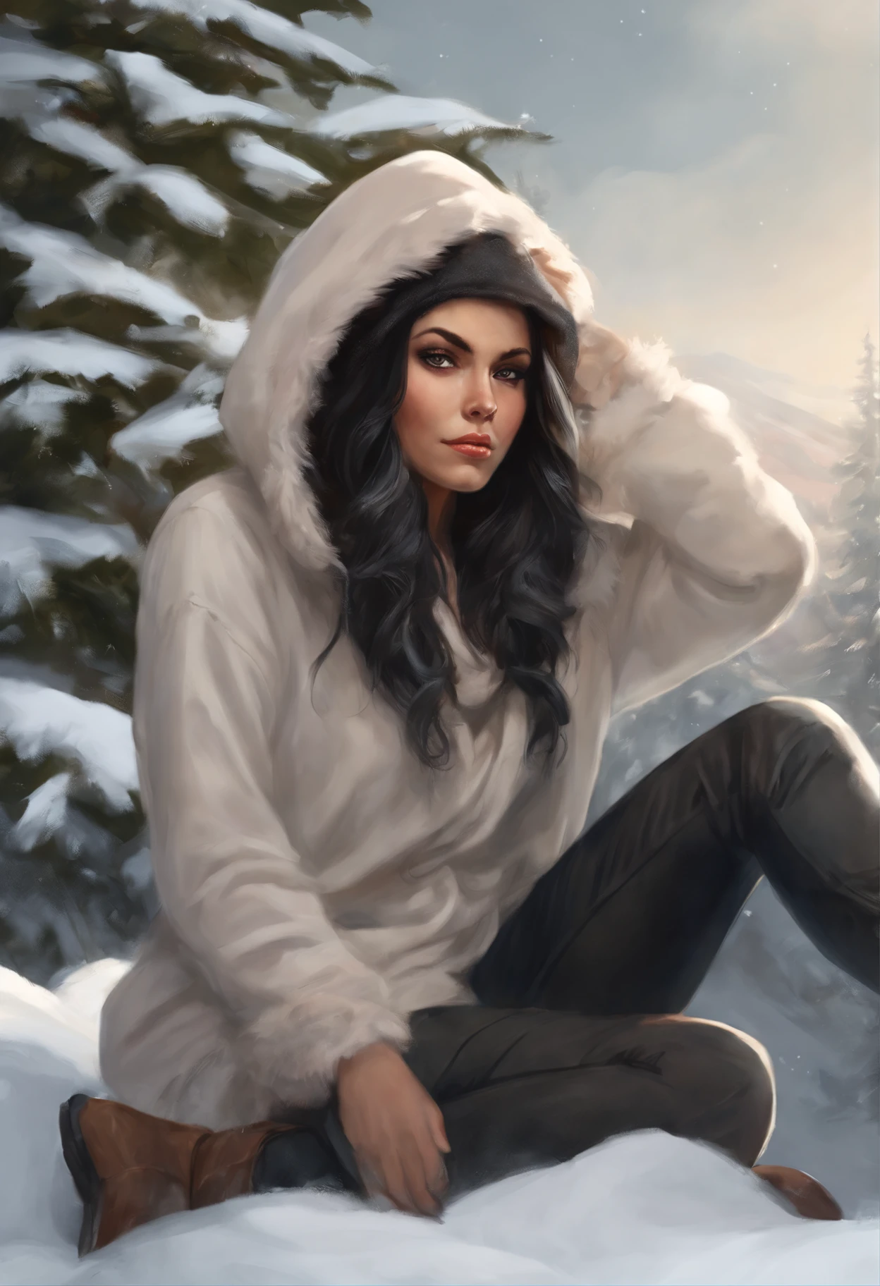 realistic art style,   in the art style of bowater, 8K Artgerm Bokeh, Christmas morning, a painting, Fantastic tale, Christmas style, John Tolkien style, Small painting by Jean-Baptiste Monge ,   Photo of a rocker with a hood on her head,  ( straight hair) Straight black hair sticks out from the hood.., sitting in front of the Christmas tree,  Portrait of a rocker girl with black straight hair ( straight hair) sticking out from under the hood, soft, slightly plump facial features,  With light makeup,  dark pink lips,  lip shape"pearlescent" ,"curved eyebrows in the shape of Engriberts, Cyan eyes,  heavy-lidded eye shape,   Rocker Girl, sitting on a large soft chair cross-legged, Wears black leggings,  Wear a hoodie,  Human Hand, Very clear without flaws with five fingers, mischievous character, fireplace, Christmas tree, Gifts, artwork in the style of guweiz, detailed character portrait, extremely detailed artgerm, artgerm and atey ghailan, charlie bowater art style, Jean-Baptiste Monge, anthropomorphic --ar 2:3 --testp -optimistic;  straight hair