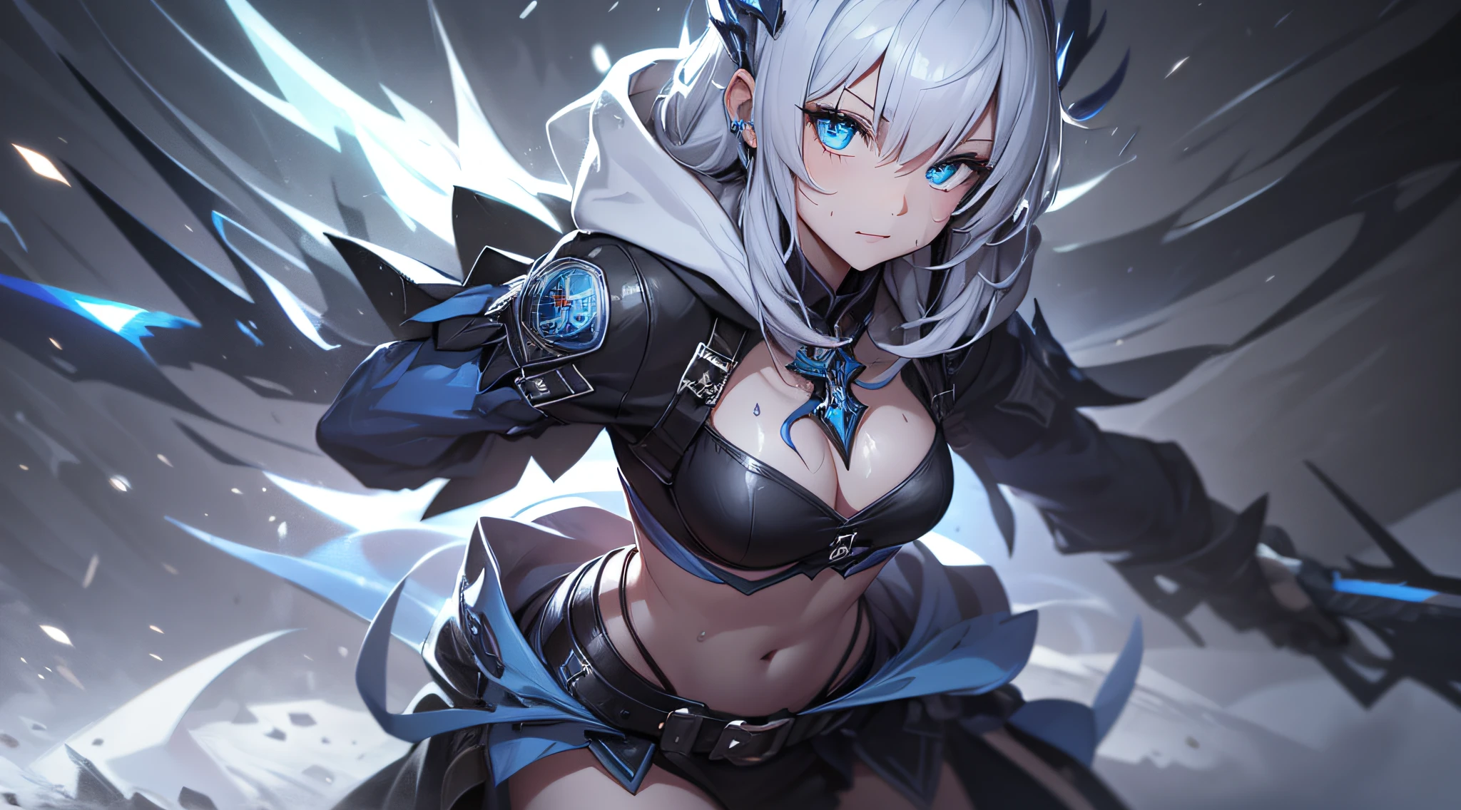 top-quality、Top image quality、masterpiece、s girl((Black underwear、White hoodie with open chest、Black skirt、18year old、 Ager、Best Bust、big bast,Beautiful light blue eyes, Long silver hair、A slender,Large valleys、Reflecting the whole body、Leaning forward、Hold Sword、Wearing a hood、A slight smil、tension、、Sweating、take a cautious stance、Cuts on the face、have a stun gun、blue dragon tattoo on face、fighting poses)),hiquality、Beautiful Art、Background with((snow blowing、Ruins、survival、draw graffiti on the wall、natta))masterpiece、depth of fields,