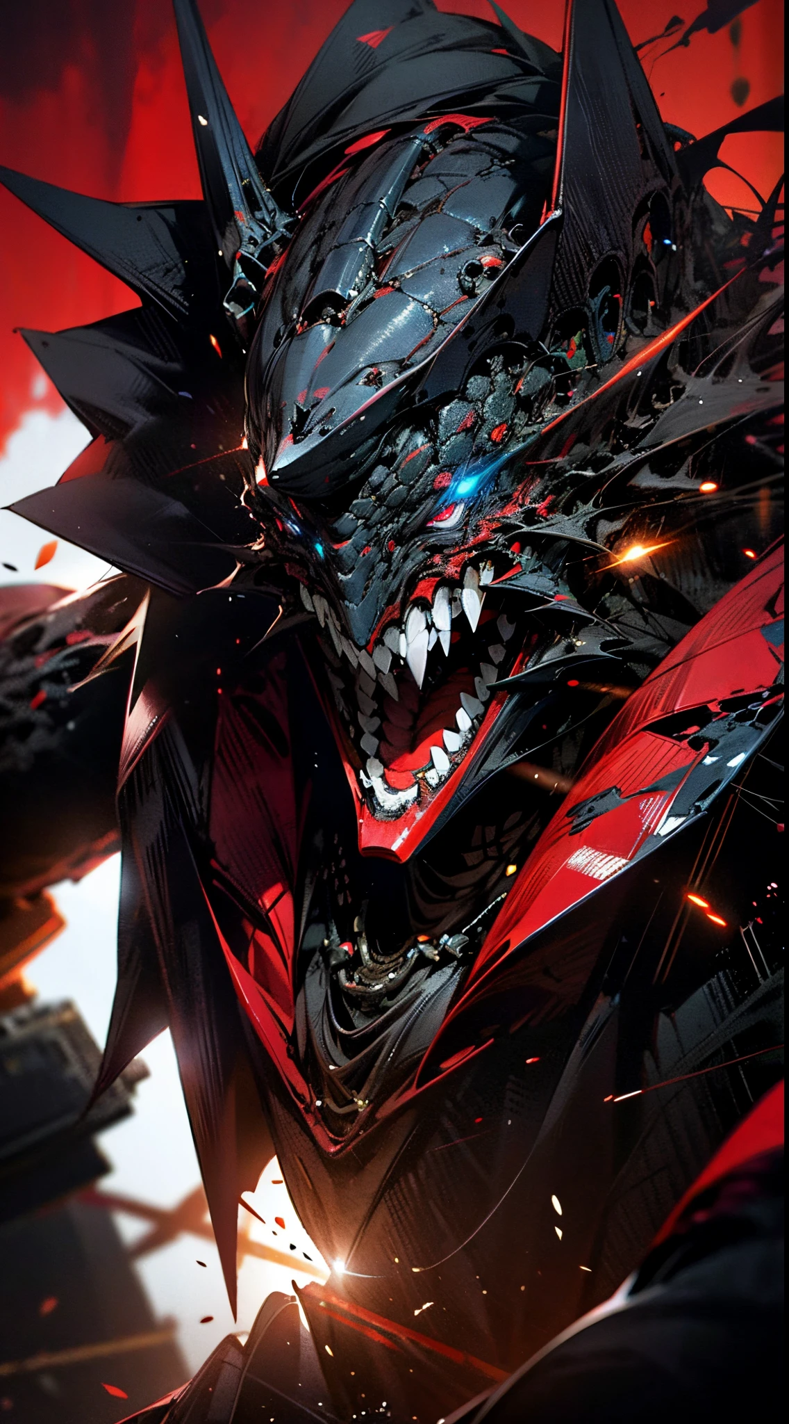 Anime humanoid monster, character design,wearing a futuristic mouth mask,grin,boy,maniac,deranged look,close up shot, vibrant eye color,red and blue eyes, close up shot, creating a crack in reality, powerful aura, destroyed city, very dark,night,8k,64k, HD, unparalleled masterpiece, dynamic lighting, cinematic, epic
