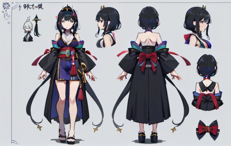 1人, reference sheet, (fantasy character design, front, backboob, side) Girl, Princess, Long black hair, kimono, koi
