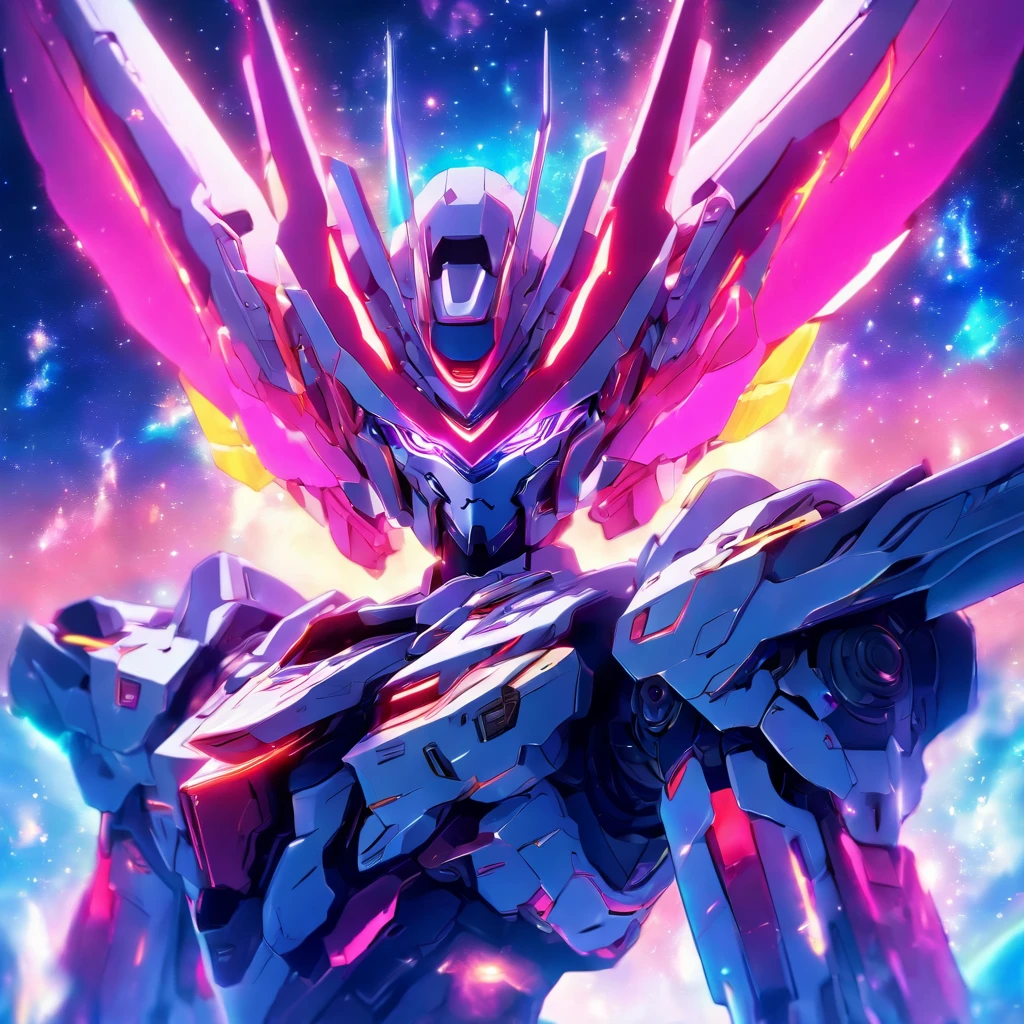 (8k,best quality, masterpiece:1.2),physically-based rendering,tyndall effect,surface reflection,metallic luster,looking at viewer,Close-Up, (Mecha:1.1),full body,solo,glowing,armor,large wings,planet,fire,Universe,scientific discoveries,pastel colors,scifi,space,moon, kawaiitech,pastel colors,kawaii,cute colors,scifi,