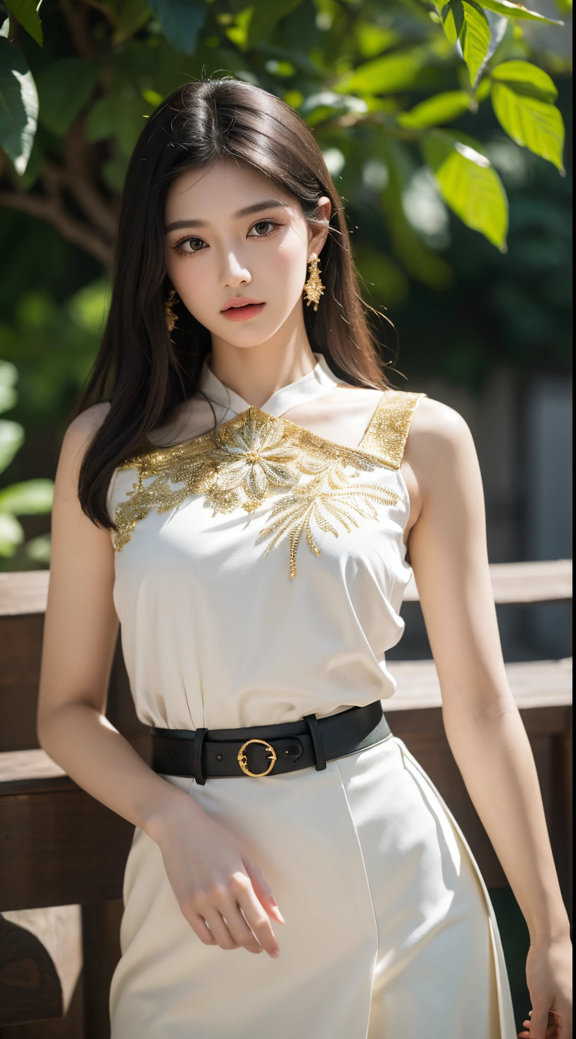 Craft a masterpiece featuring a 24-year-old woman adorned in a sleeveless green blouse and a medium-length white skirt. Enhance her ensemble with a black belt intricately detailed in gold accents. Illuminate the scene with cinematic lighting, emphasizing her black hair and light brown eyes. Utilize SeaArt keywords like depth of field, subtle contrast, and expressive facial details to create a visually stunning composition. Ensure a blend of realism and artistry, capturing the essence of a timeless beauty in this carefully crafted image.