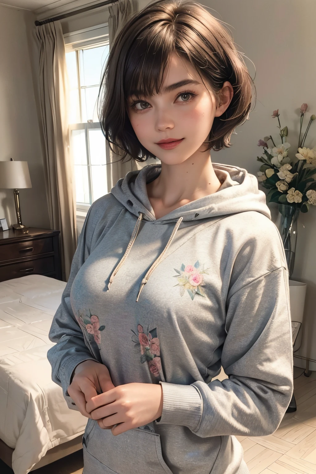 132
(a 20 yo woman,Wearing sportswear), (A hyper-realistic), (high-level image quality), ((beautiful hairstyle 46)), ((short-hair:1.46)), (Gentle smile), (breasted:1.46), (lipsticks), (Large room), (florals), (wearing hoodies)