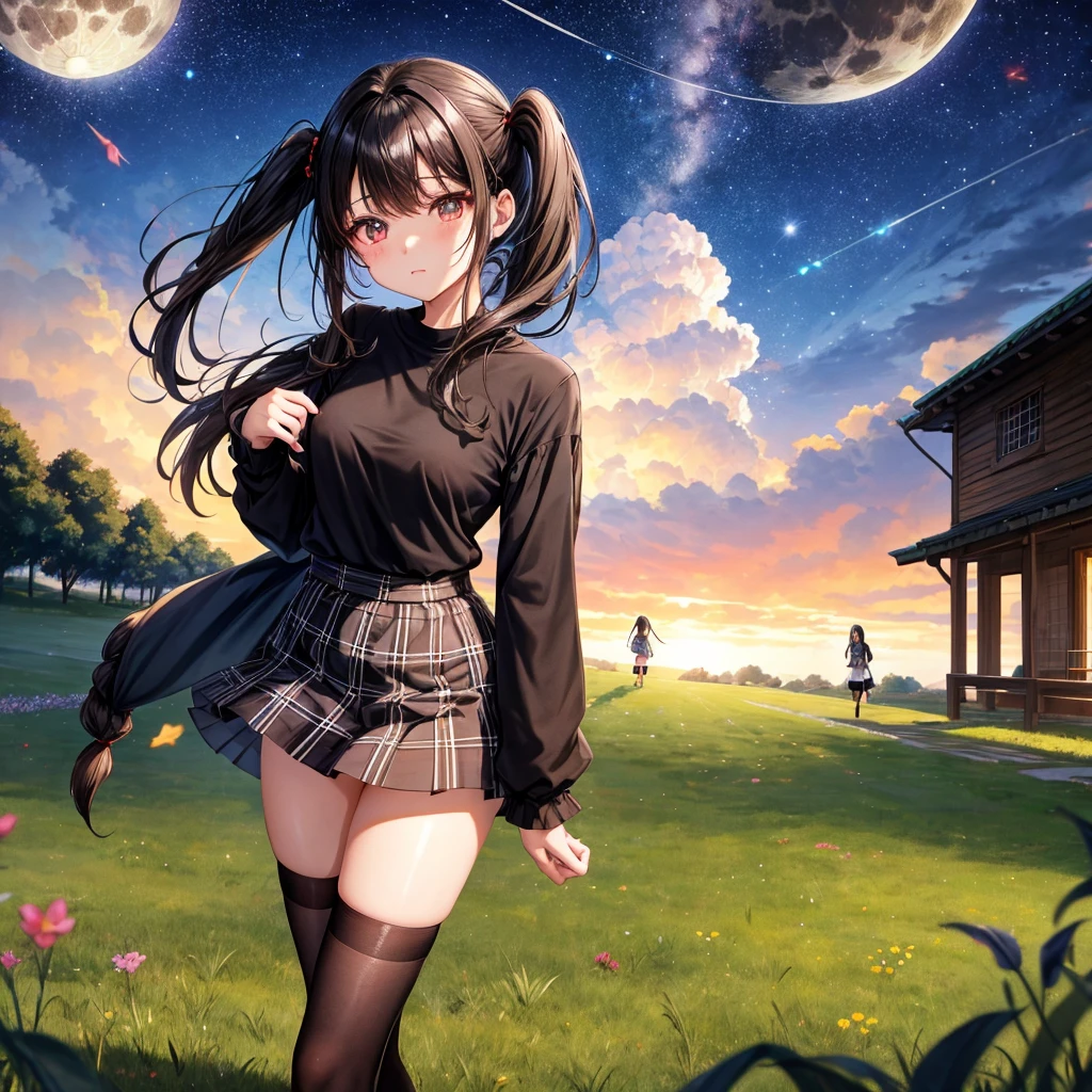 Black brown hair、poneyTail、verd s eyes、one good looking girl、独奏、animesque、lightly dressed、Plaid miniskirt、a black T-shirt、grass field、are flying、fullmoon、Meteor swarm、Glittering starry sky、are flying