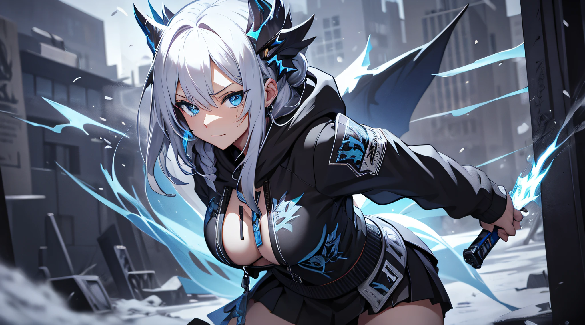 top-quality、Top image quality、masterpiece、teens girl((Black underwear、White hoodie with open chest、Black skirt、18year old、 Ager、Best Bust、big bast,Beautiful light blue eyes, Long silver hair、A slender,Large valleys、Reflecting the whole body、Leaning forward、Hold Sword、Wearing a hood、A slight smil、tension、、Sweating、take a cautious stance、Cuts on the face、I have a stun gun、blue dragon tattoo on face、fighting poses)),hiquality、Beautiful Art、Background with((snow blowing、Ruins、survival、draw graffiti on the wall、natta))masterpiece、depth of fields,