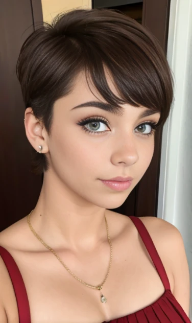 Photo of a -yeld Euean girl, .RAW, beautiful woman,pecas en mejillas y pecho ,hermosos  ojos azules(Light brown hair pixie haircut),corte de cabello pixie desalineado ((retrato)), ((Cara detallada:1.2)), ((Detailed facial features)), (Piel finamente detallada)  ,lindo maquillaje, Purple eyeshadows on eyelids ,Un sexy(cool color), (Masutepiece) (proporciones perfectaotos realistas)(La mejor calidad), NffSW, (8k) (papel tapiz) (cinematic lighting) (Dramatic lighting) (foco nítido) (Enrevesado) , fondo variado , linda sonrisa, foto de cuerpo completo , posando para foto , gargantilla negra , aretes de clip , maquillaje , labios rojos , sombra de ojos morada , wears red christmas dress , vestido de Santa Claus ,  adornos de navidad