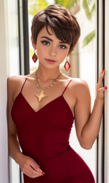 Photo of a 15-year-old European girl, .RAW, beautiful woman,pecas en mejillas y pecho ,hermosos  ojos azules(Light brown hair pixie haircut),corte de cabello pixie desalineado ((retrato)), ((Cara detallada:1.2)), ((Detailed facial features)), (Piel finamente detallada)  ,lindo maquillaje, Purple eyeshadows on eyelids ,Un sexy(cool color), (Masutepiece) (proporciones perfectaotos realistas)(La mejor calidad), NffSW, (8k) (papel tapiz) (cinematic lighting) (Dramatic lighting) (foco nítido) (Enrevesado) , fondo variado , linda sonrisa, foto de cuerpo completo , posando para foto , gargantilla negra , aretes de clip , maquillaje , labios rojos , sombra de ojos morada , wears red christmas dress , vestido de Santa Claus ,  adornos de navidad