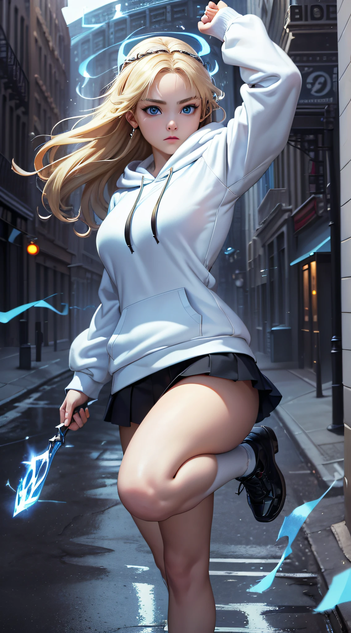 top-quality、Top image quality、masterpiece、s girl((a baby face、White hoodie with open chest、Black skirt、18year old、 Ager、Best Bust、big bast,Beautiful light blue eyes, Blonde long、A slender,Large valleys、Reflecting the whole body、three point landing、Alert、Blue flame aura on fist)),hiquality、Beautiful Art、Background with((Streets of New York))masterpiece、depth of fields,