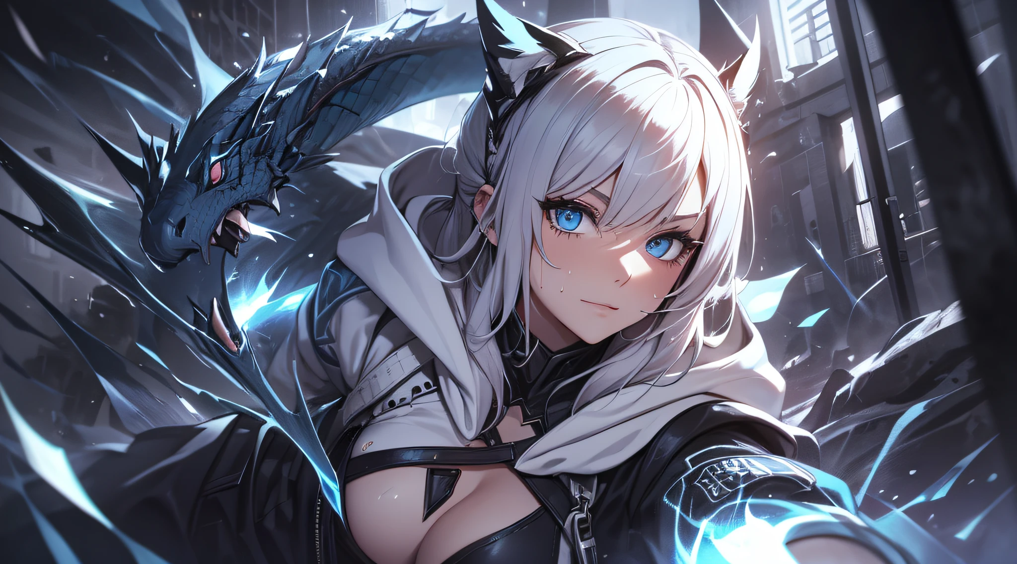 top-quality、Top image quality、masterpiece、s girl((Black underwear、White hoodie with open chest、Black skirt、18year old、 Ager、Best Bust、big bast,Beautiful light blue eyes, Long silver hair、A slender,Large valleys、Reflecting the whole body、Leaning forward、Hold Sword、Wearing a hood、A slight smil、tension、、Sweating、take a cautious stance、Cuts on the face、I have a stun gun、blue dragon tattoo on face、fighting poses)),hiquality、Beautiful Art、Background with((snow blowing、Ruins、survival、draw graffiti on the wall、natta))masterpiece、depth of fields,