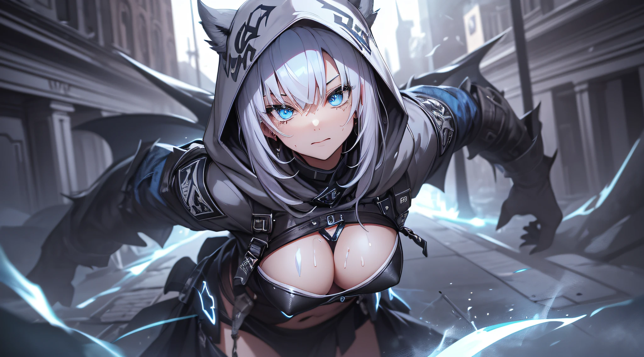top-quality、Top image quality、masterpiece、s girl((Black underwear、White hoodie with open chest、Black skirt、18year old、 Ager、Best Bust、big bast,Beautiful light blue eyes, Long silver hair、A slender,Large valleys、Reflecting the whole body、Leaning forward、Hold Sword、Wearing a hood、A slight smil、tension、、Sweating、take a cautious stance、Cuts on the face、I have a stun gun、blue dragon tattoo on face、fighting poses)),hiquality、Beautiful Art、Background with((snow blowing、Ruins、survival、draw graffiti on the wall、natta))masterpiece、depth of fields,