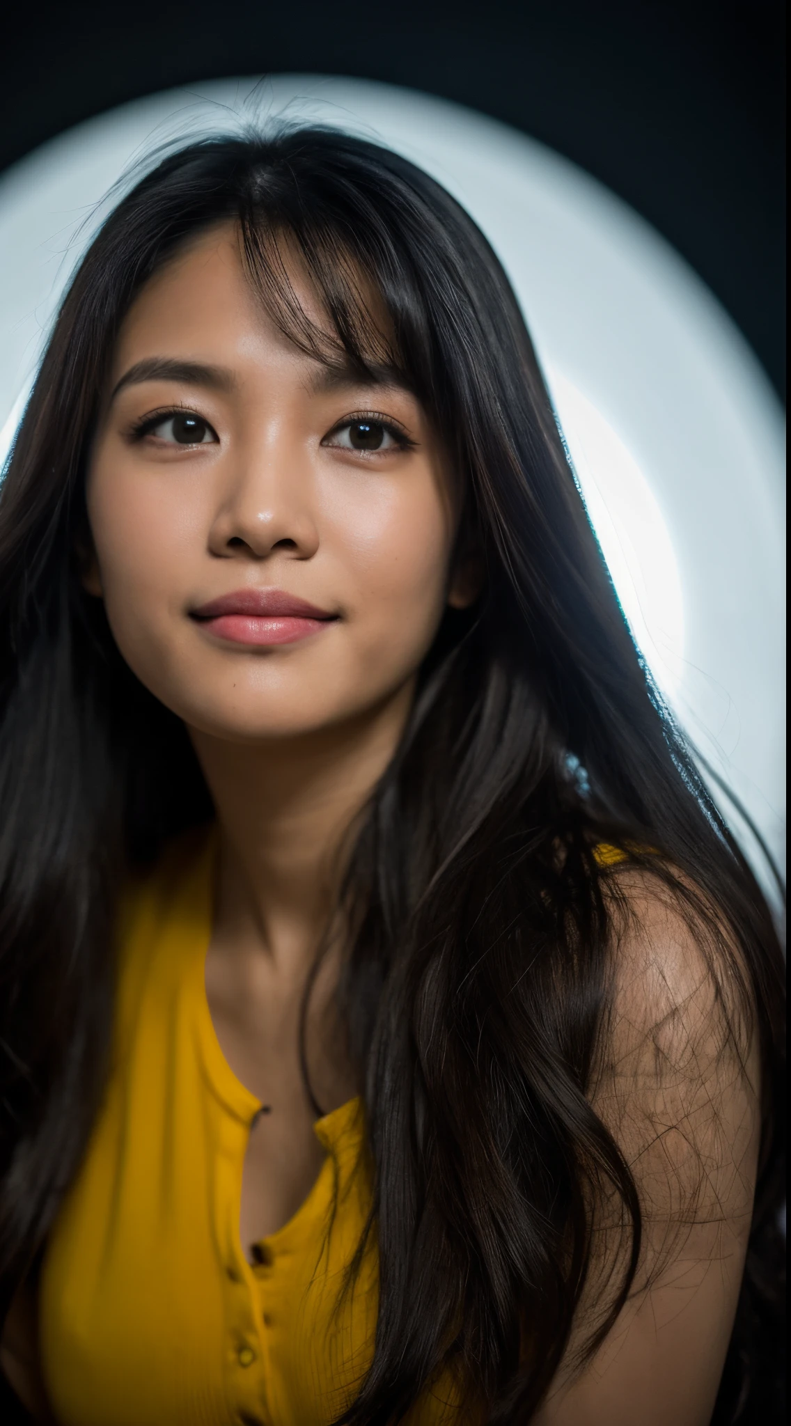 highest quality, epic realistic, ((in the pitch black darkness :1.4)), ((portrait:1.5)),(background: dark ) high contrast ,glorious picture, lowest lux, lighting face, she's comfortable, wearing nothing, , looks incredible, (8k, Raw photo, Highest quality),(epic realistic:1.5), a woman, face,(detailed eyes:0.8),(looking at the camera:1.4), (Highest quality), ( high contrast, deep shadows),Intricate details,cinematic,((skin:1.4)), (long dark hair:1.3), long hair, messy ,(Hdr:1.5),Detailed, colors, Superior quality, Masterpiece, Raw Photo (20-year-old, looking at viewer), beautiful, (wearing plain yellow shirt,), perfect, natural, perfect composition, portrait, perfect face, smiling expression, Captivating eyes, Bright details, Tight lips, (High Skin Detail),, (blue tint: 0.6), (sale: 0.8), (bloody: 0.7), Key lighting , (backlight: 0.5), Medium depth of field, Canon 5d, 50mm lens, f/4 apertures, (Ultra-detailed, Complex detail), sharp focus, soft colors, 8k, Absurd, 80mm, dark background, photography, smiling, pinay, filipina, medium boobs,