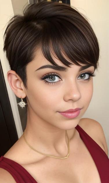 Photo of a 15-year-old European girl, .RAW, beautiful woman,pecas en mejillas y pecho ,hermosos  ojos azules(Light brown hair pixie haircut),corte de cabello pixie desalineado ((retrato)), ((Cara detallada:1.2)), ((Detailed facial features)), (Piel finamente detallada)  ,lindo maquillaje, Purple eyeshadows on eyelids ,Un sexy(cool color), (Masutepiece) (proporciones perfectaotos realistas)(La mejor calidad), NffSW, (8k) (papel tapiz) (cinematic lighting) (Dramatic lighting) (foco nítido) (Enrevesado) , fondo variado , linda sonrisa, foto de cuerpo completo , posando para foto , gargantilla negra , aretes de clip , maquillaje , labios rojos , sombra de ojos morada , wears red christmas dress , vestido de Santa Claus ,  adornos de navidad , ojos azules