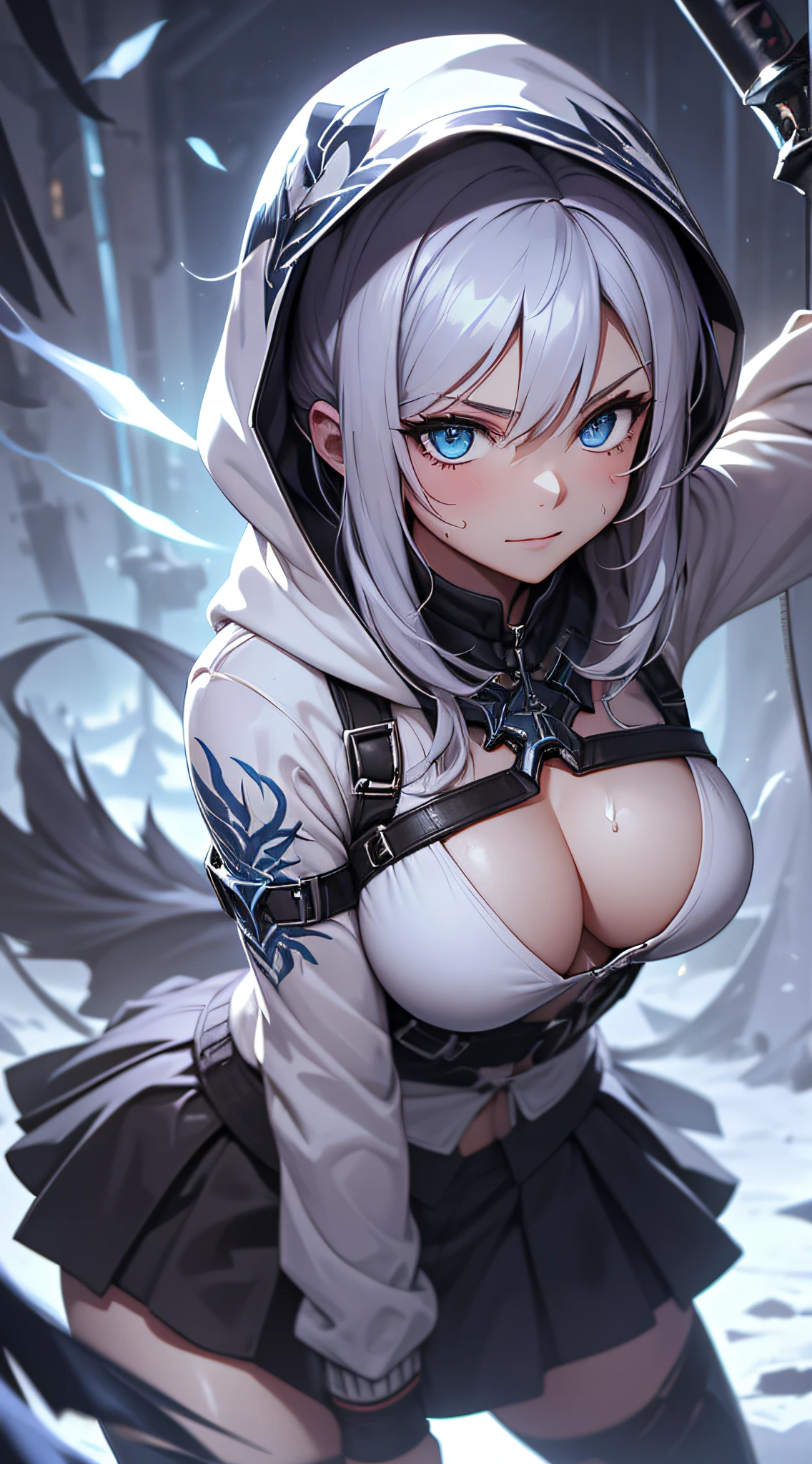 top-quality、Top image quality、masterpiece、s girl((Black underwear、White hoodie with open chest、Black skirt、18year old、 Ager、Best Bust、big bast,Beautiful light blue eyes, Long silver hair、A slender,Large valleys、Reflecting the whole body、Leaning forward、Hold Sword、Wearing a hood、A slight smil、tension、、Sweating、take a cautious stance、Cuts on the face、I have a stun gun、blue dragon tattoo on face、fighting poses)),hiquality、Beautiful Art、Background with((snow blowing、Ruins、survival、draw graffiti on the wall、natta))masterpiece、depth of fields,
