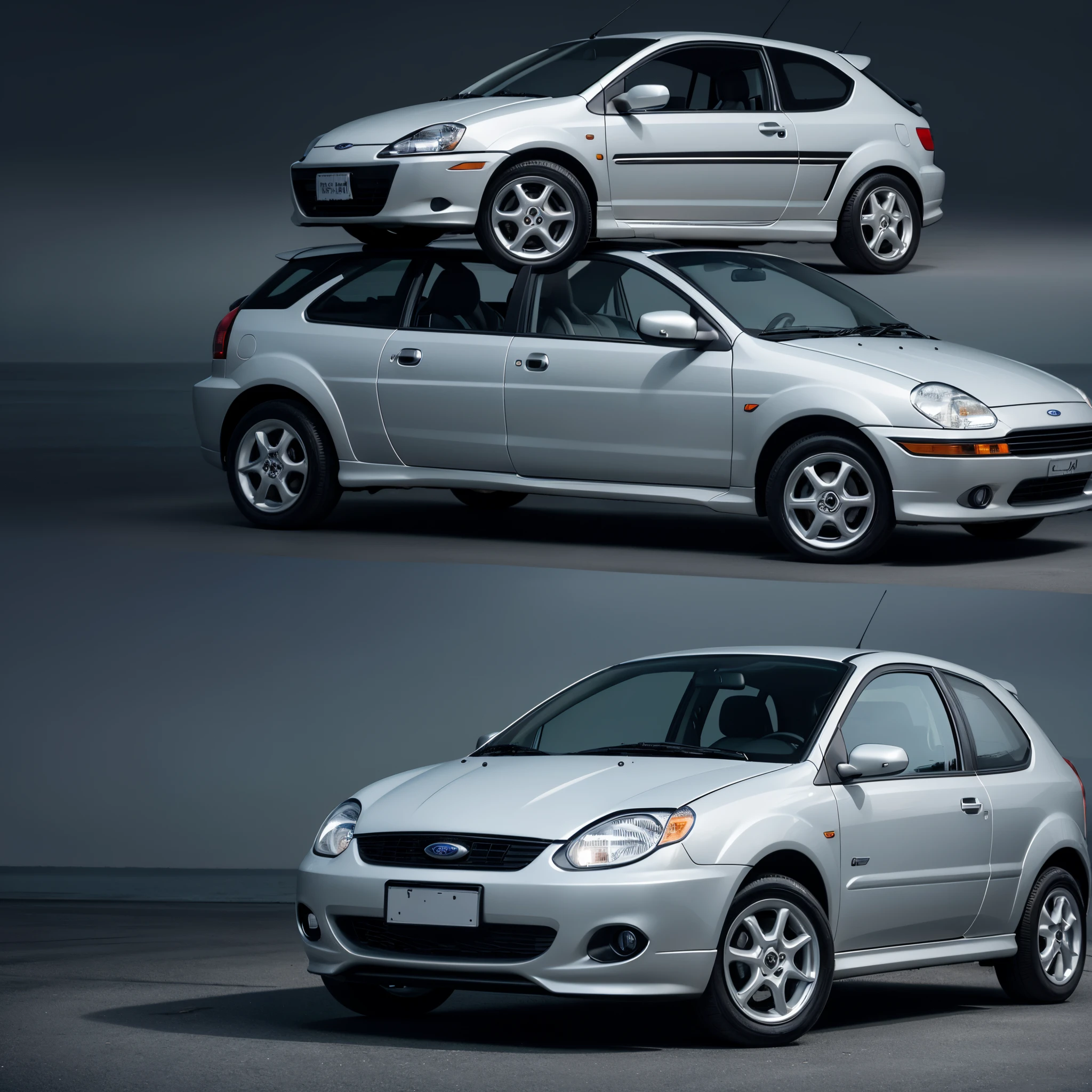 "Draw a realistic digital representation of a 2001 Ford Fiesta. The car should be dark gray in color, maintaining the model's original details. Make sure to capture the distinctive details such as the body design, front headlights, taillights and the characteristic wheels of this year's Ford Fiesta. If possible, represent the vehicle in a lowered form, with suspension adjustment for a reduced height. Look for realistic details that make the image faithful to the original model, conveying its classic appearance and striking features of the 2001 Ford Fiesta."