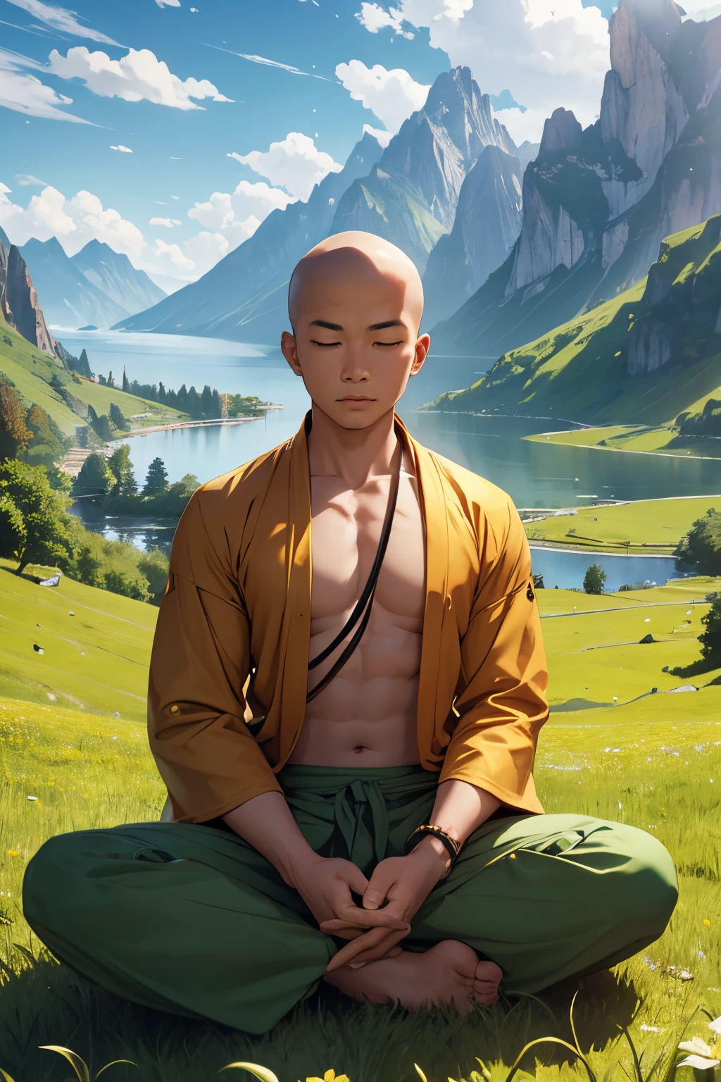 Shaolin monk wearing pants meditating in lotus position in a lush green meadow near a lake with mountains in the background. Estilo alta fantasia Dungeons and Dragons