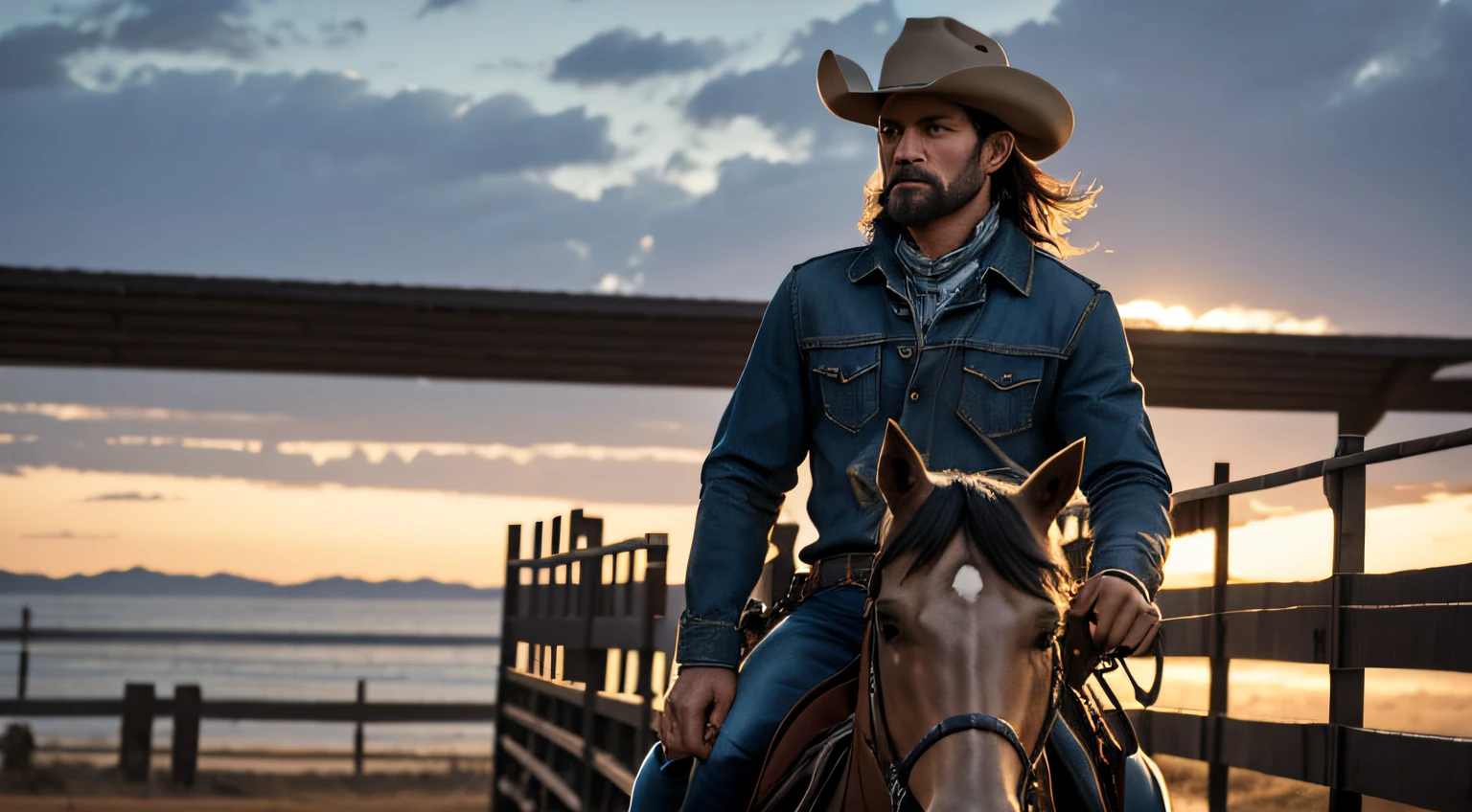 cowboy, sentado perdto de uma fogueira