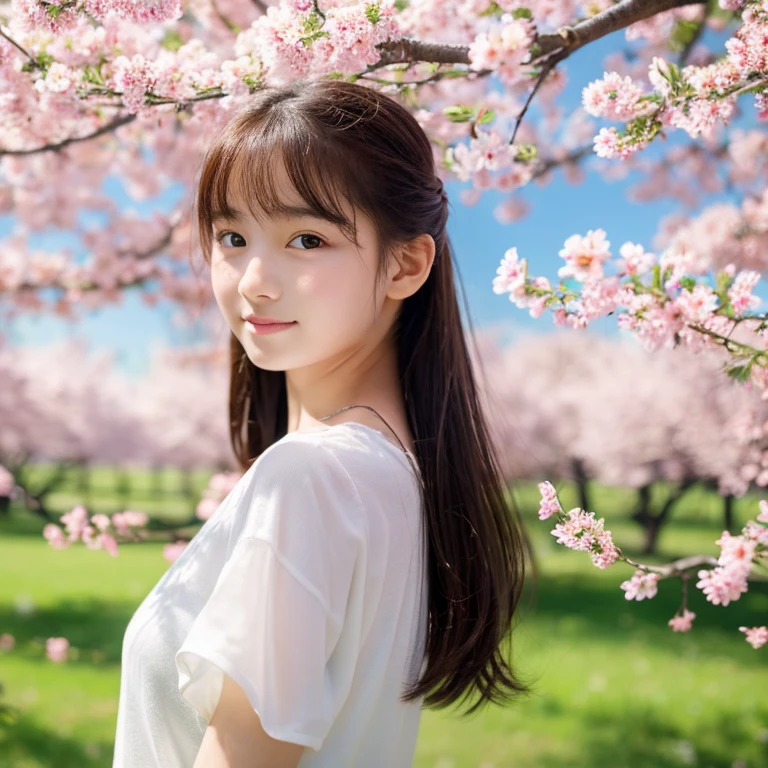 An ultra-high picture quality、Perfect Photo、15-year-old beautiful girl、Spring scenery、